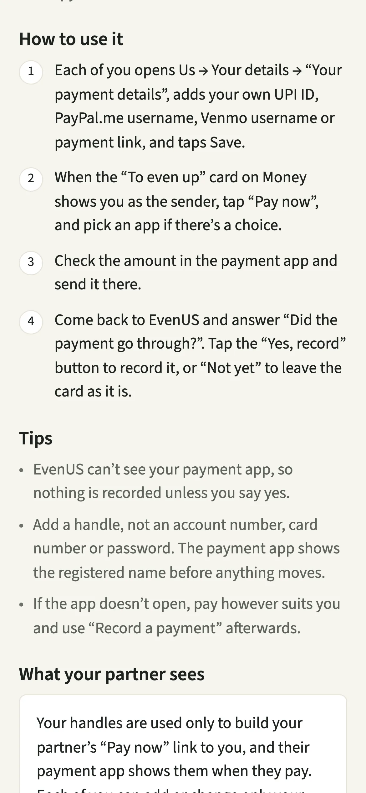 The EvenUS guide for Pay now, with the steps ending in the Did the payment go through? question and its Not yet and Yes, record answers