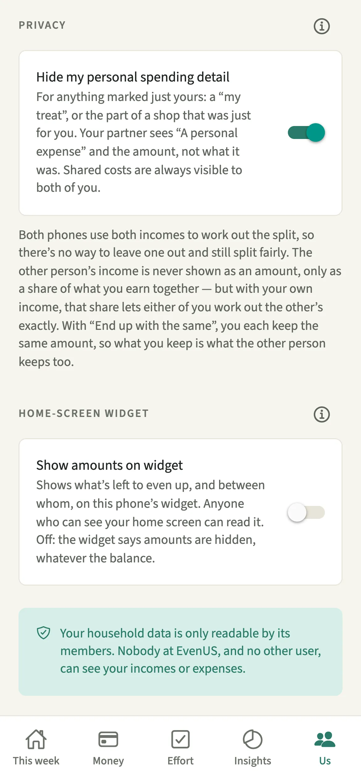 The EvenUS privacy settings with Hide my personal spending detail switched on and a note explaining what the partner sees