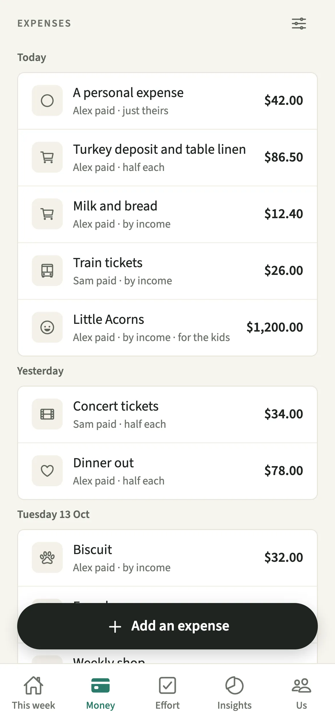 The EvenUS expenses list on a partner’s phone, with one line shown as A personal expense next to ordinary shared expenses