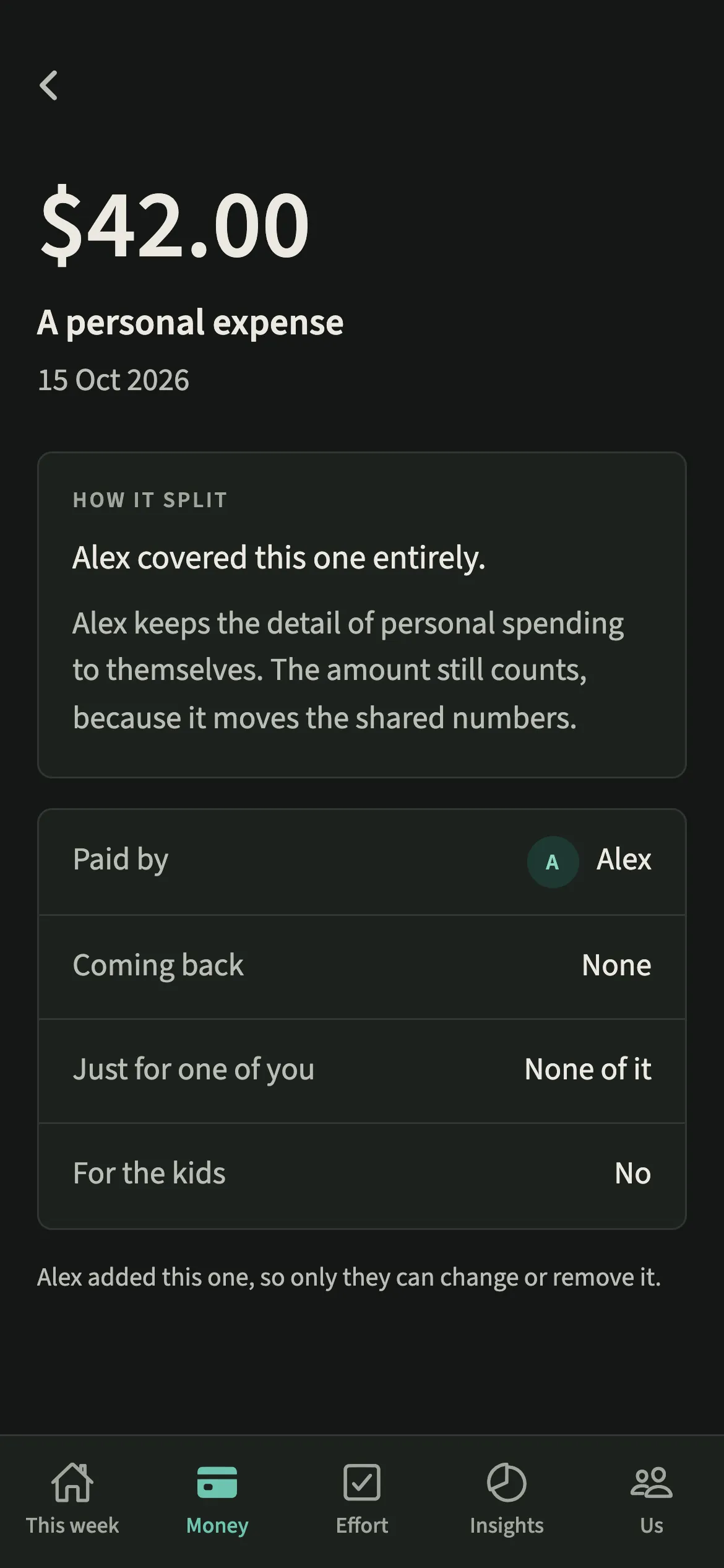 An expense detail in EvenUS dark mode showing A personal expense with its amount, payer and a line explaining why the detail is hidden