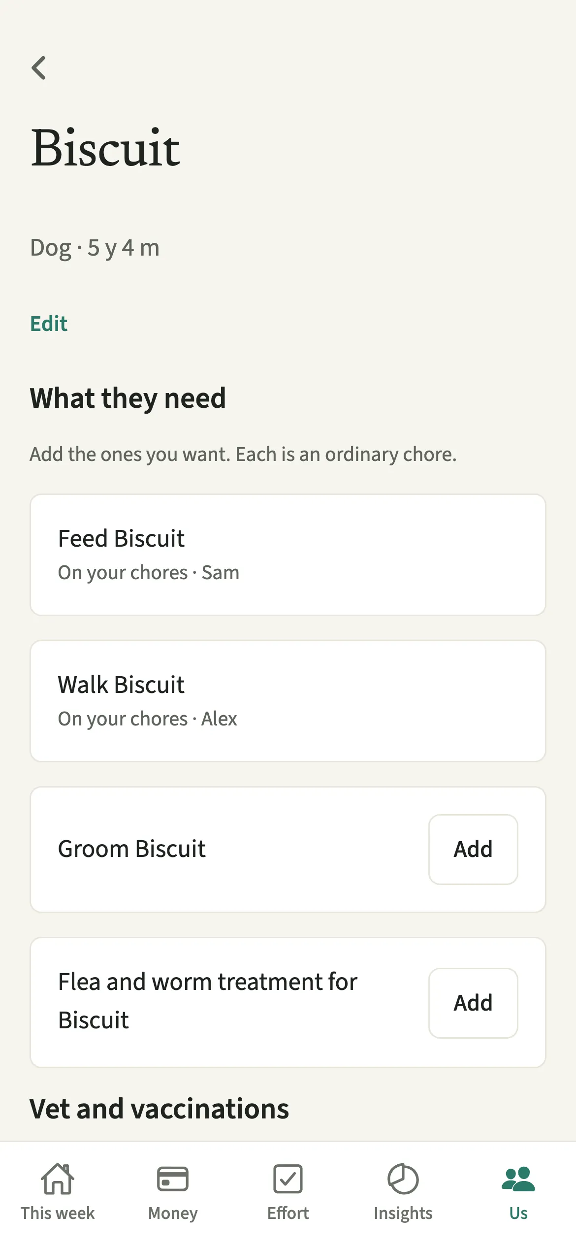 The EvenUS pet page for a dog showing feeding and walks added as chores, grooming still to add, and an upcoming vet visit