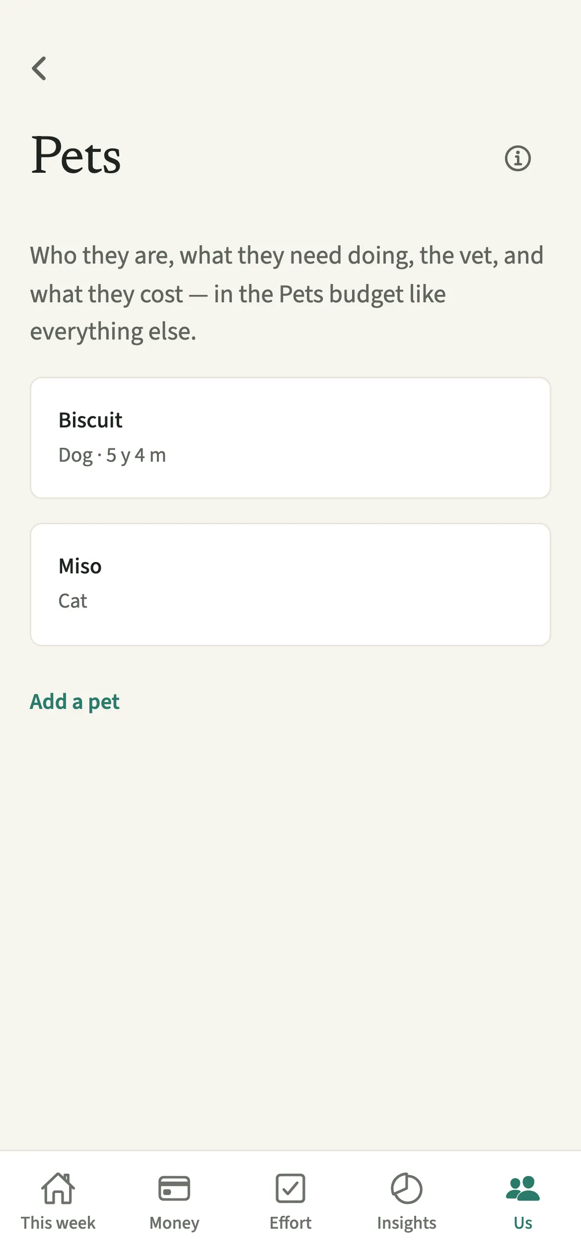 The EvenUS Pets screen listing a dog and a cat by name and kind, with a link to add another pet
