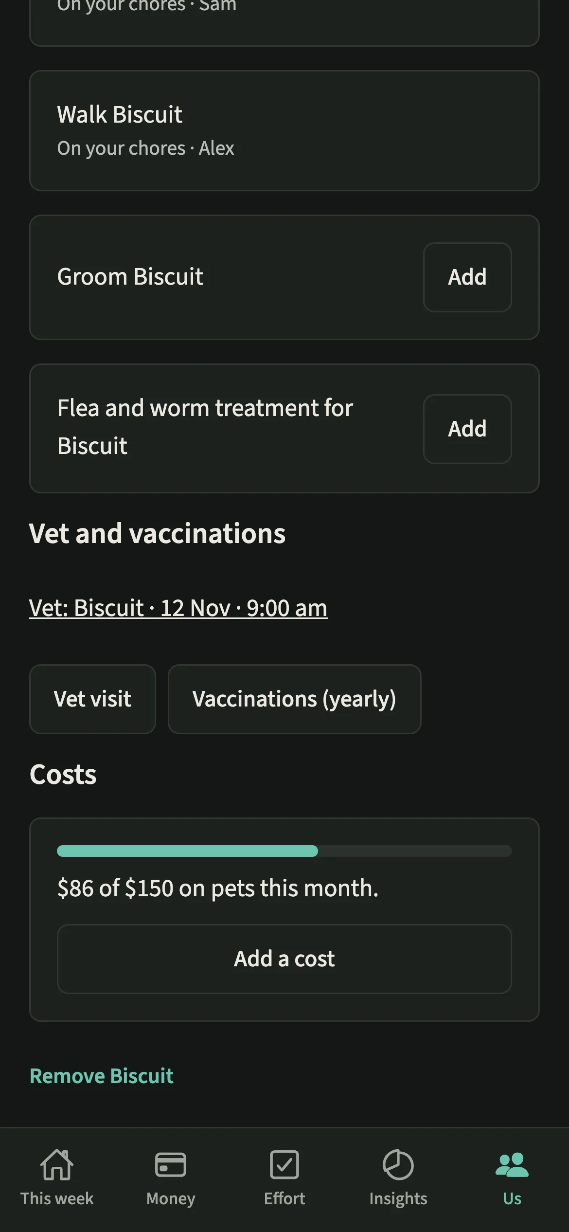 The EvenUS pet page in dark mode showing the Pets budget for the month with buttons to add a cost or set a budget