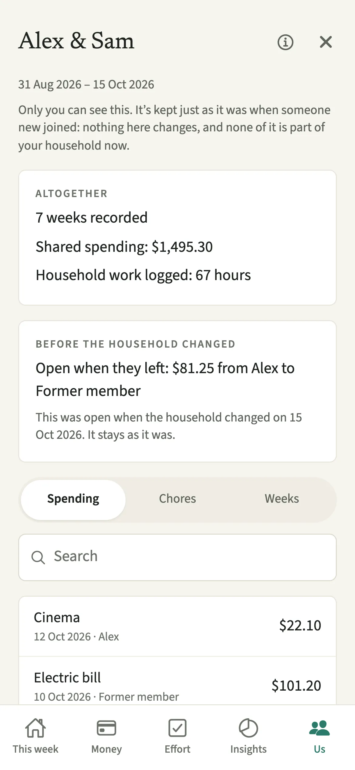 The EvenUS Previous household screen showing that only you can see it, the dates it covers, the totals and a list of earlier shared spending