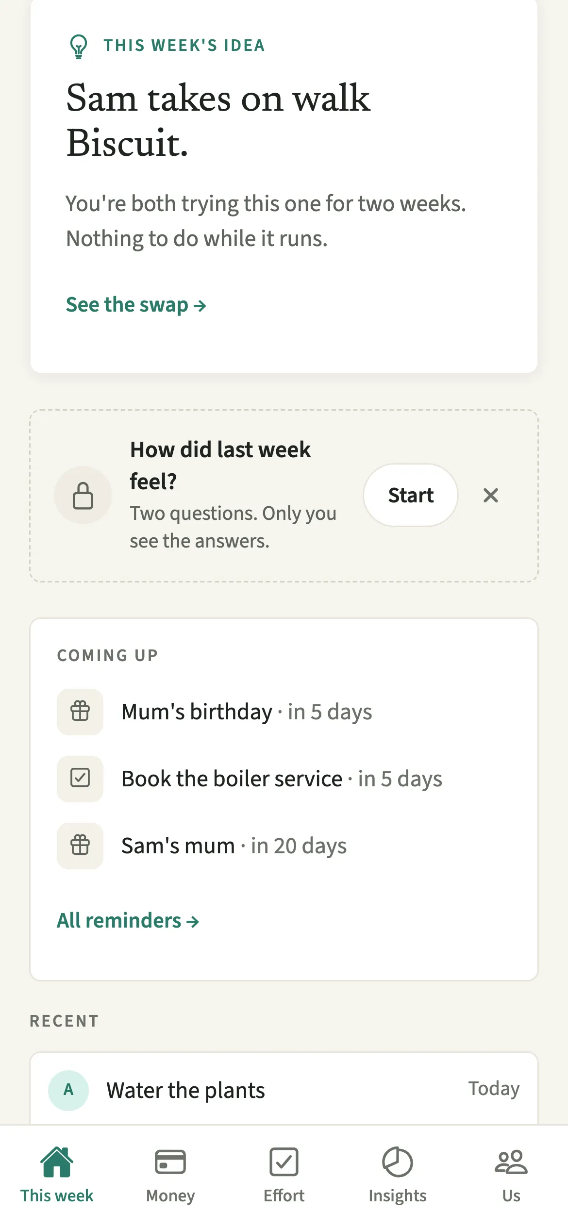 The How did last week feel? card on the EvenUS This week tab, saying only you see the answers, with a Start button