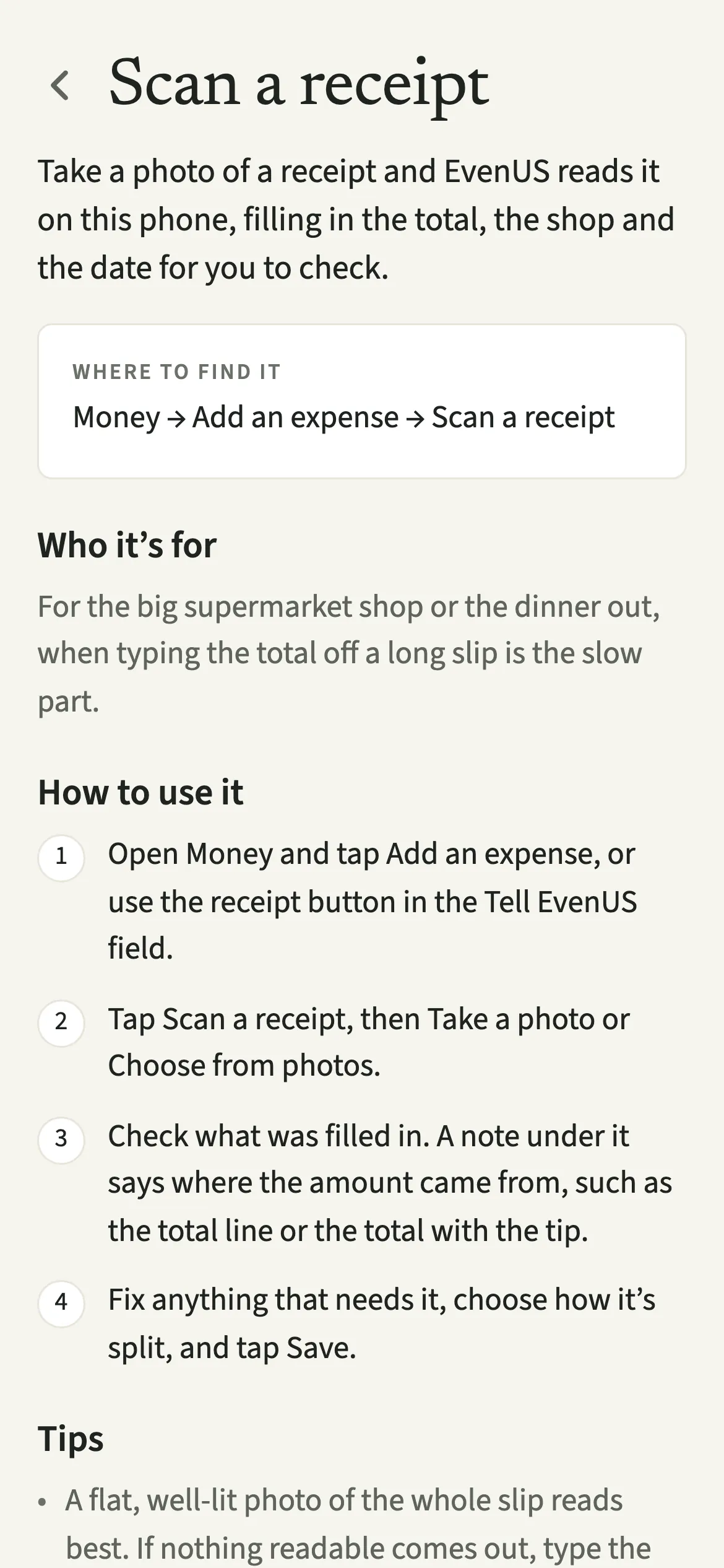 The EvenUS guide for receipt scanning: where to find Scan a receipt and the steps from the photo to a checked, saved expense