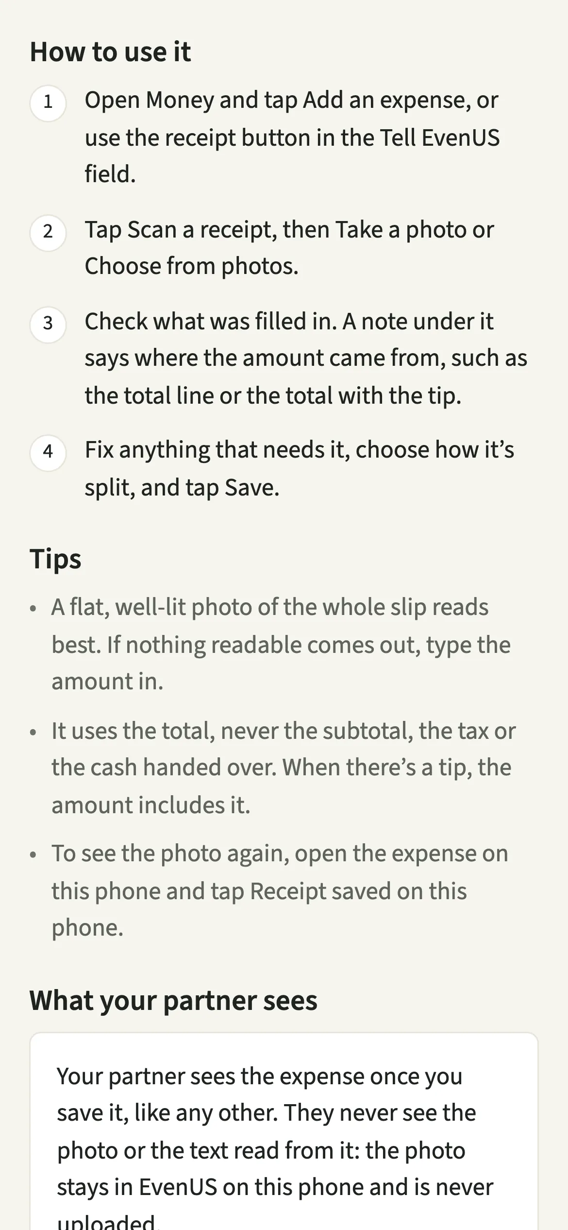 The receipt scan steps in EvenUS: tap Scan a receipt, then Take a photo or Choose from photos, and check what was filled in
