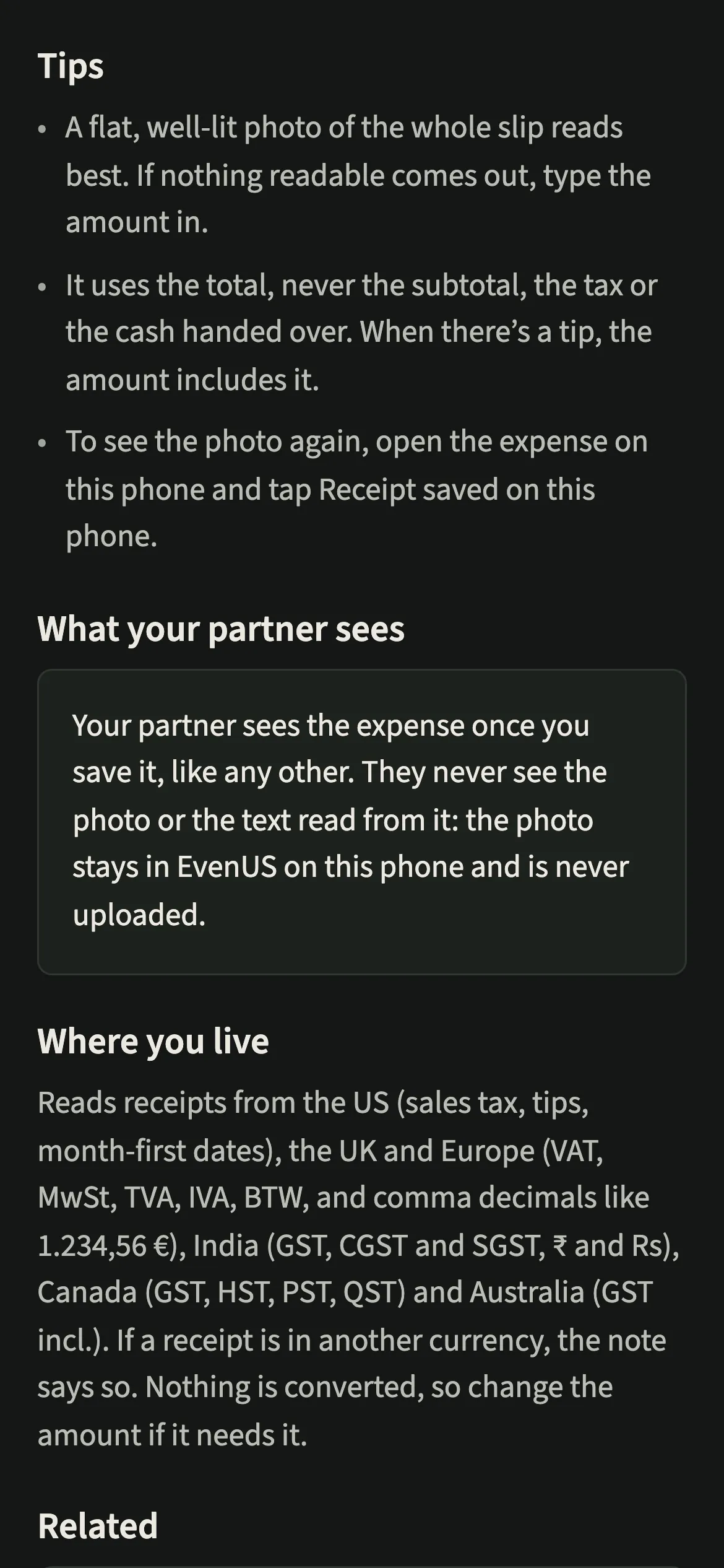 Tips from the EvenUS receipt scan guide, including that the photo stays on this phone and is never uploaded