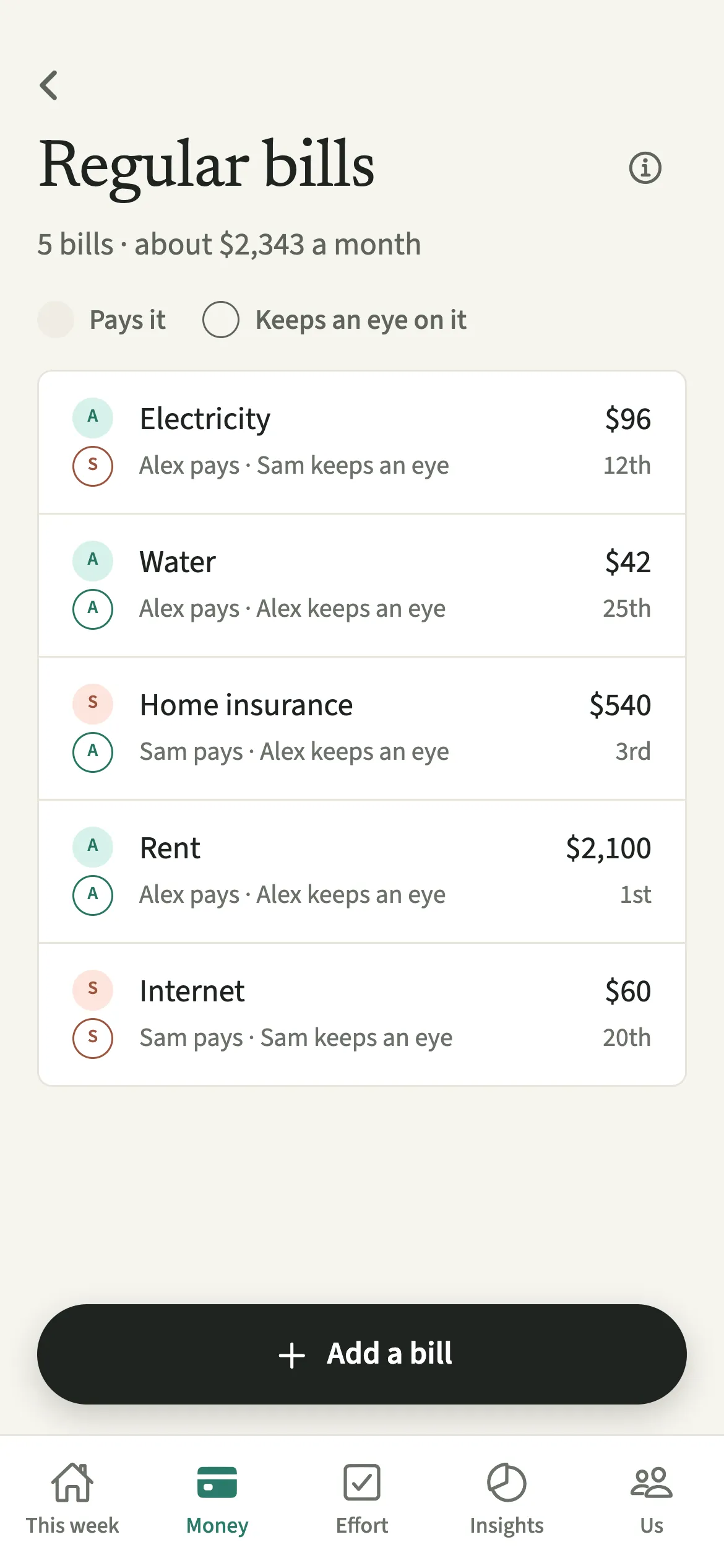 The EvenUS Regular bills list showing rent, utilities and insurance, each with who pays it and who keeps an eye on it