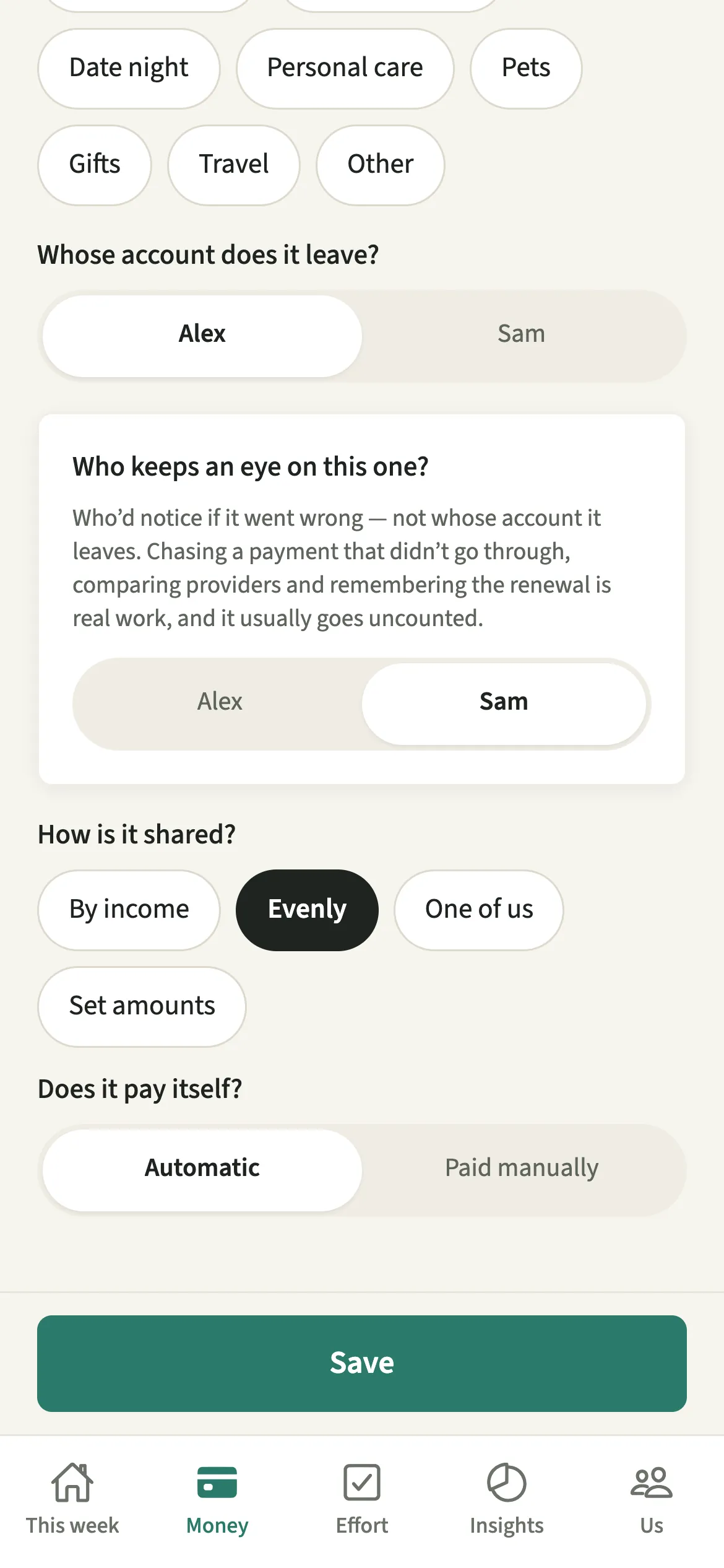 The Add a regular bill form in EvenUS with the payer set to Alex and the person keeping an eye on it set to Sam