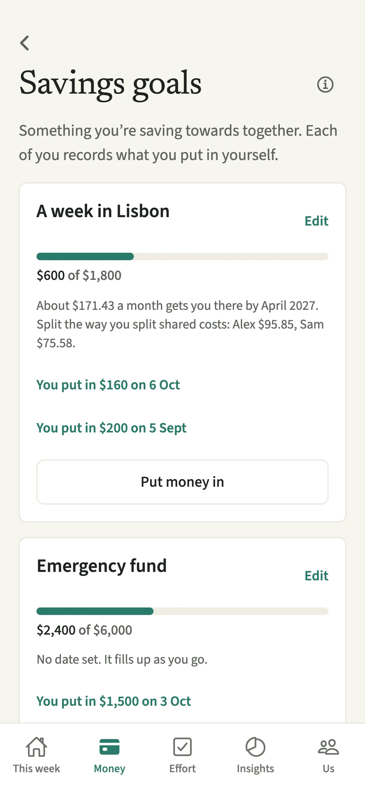 The EvenUS Savings goals screen with two goals, one showing a bar part filled and a suggested monthly pace split between Alex and Sam