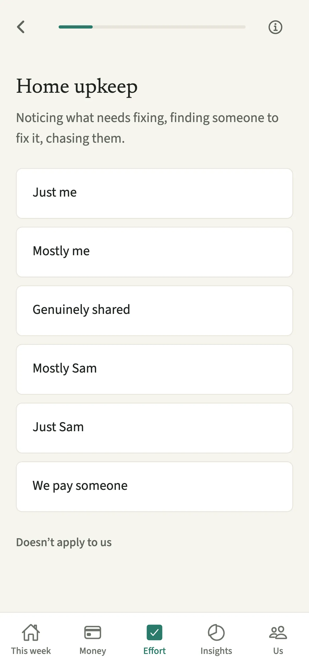 The Who keeps track of what questions in EvenUS, with answer choices from Mostly me to Mostly Sam for household planning areas