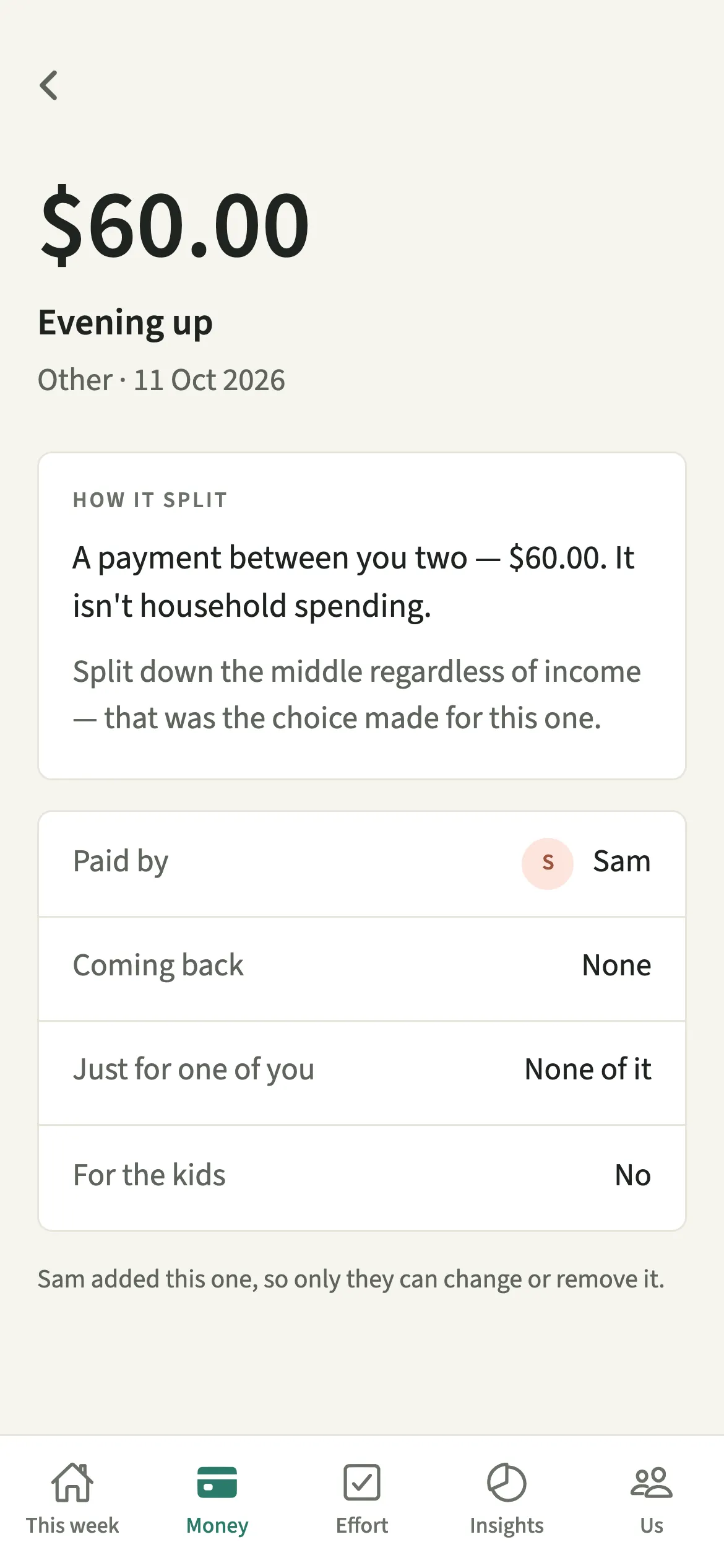 A payment Sam recorded to Alex in EvenUS, shown as a payment between the two of you that is not household spending