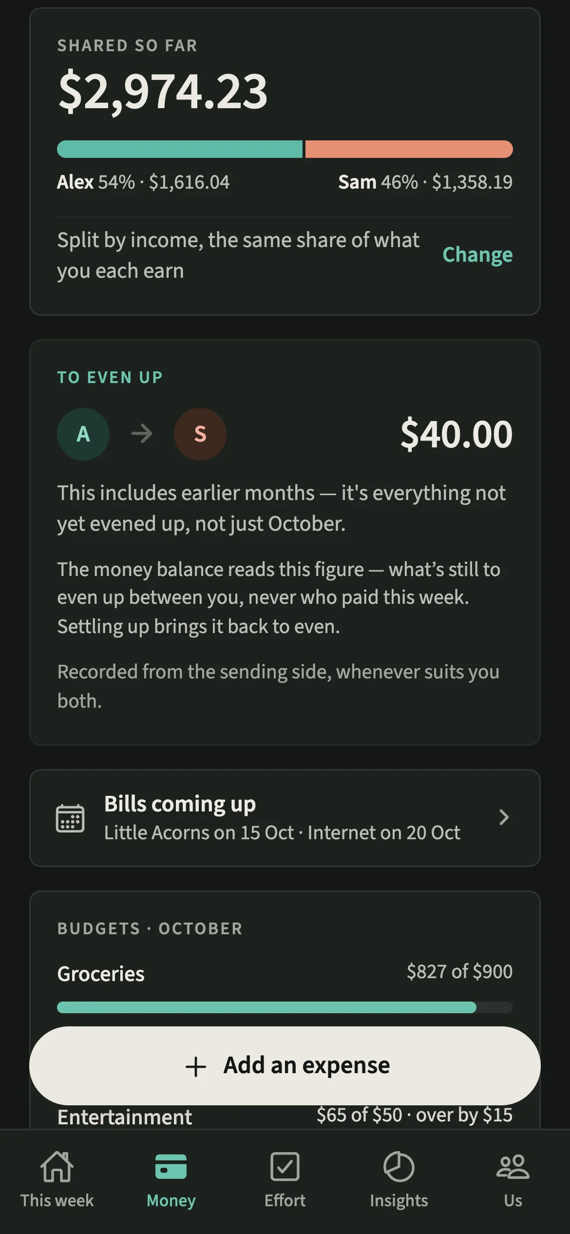 The receiving partner’s Money tab in EvenUS dark mode, showing the same To even up amount with a note that the sender records it