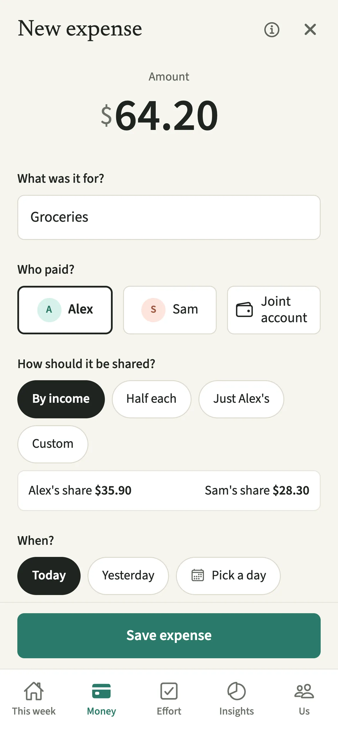 The EvenUS New expense form with a grocery amount entered, the payer selected and the split set to By income, showing each partner’s share