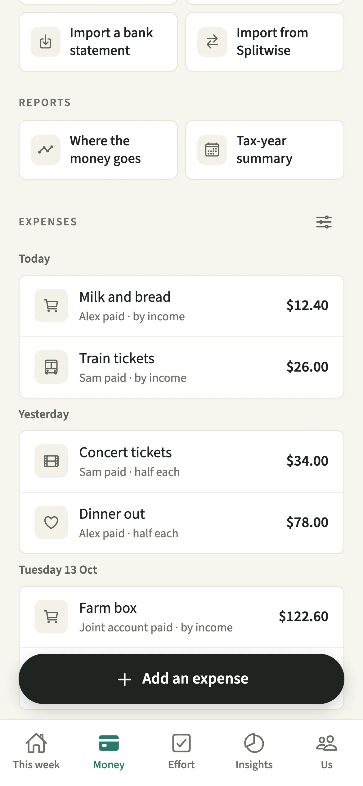 The EvenUS Money tab listing recent shared expenses with who paid each one, under the To even up card