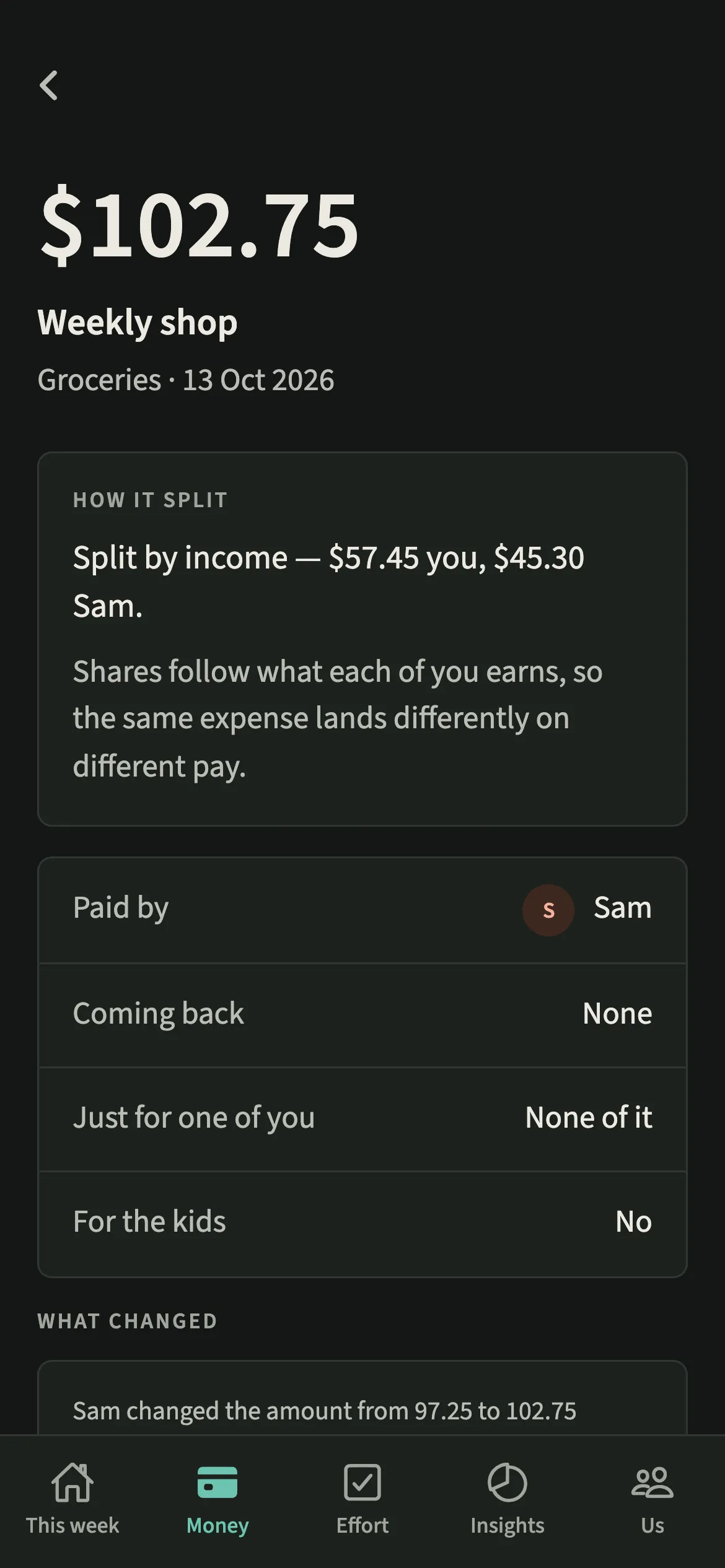 An expense detail screen in EvenUS dark mode showing how it split, who paid and a record of one change to the amount