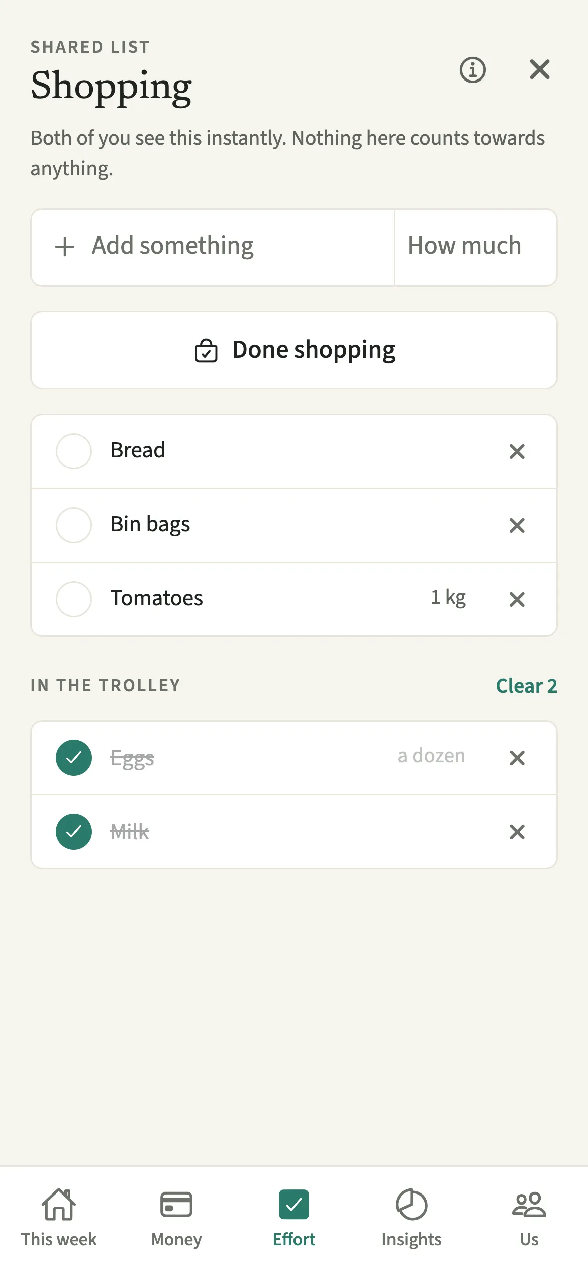 The EvenUS shared shopping list with five items, two ticked under In the trolley, and the Done shopping button