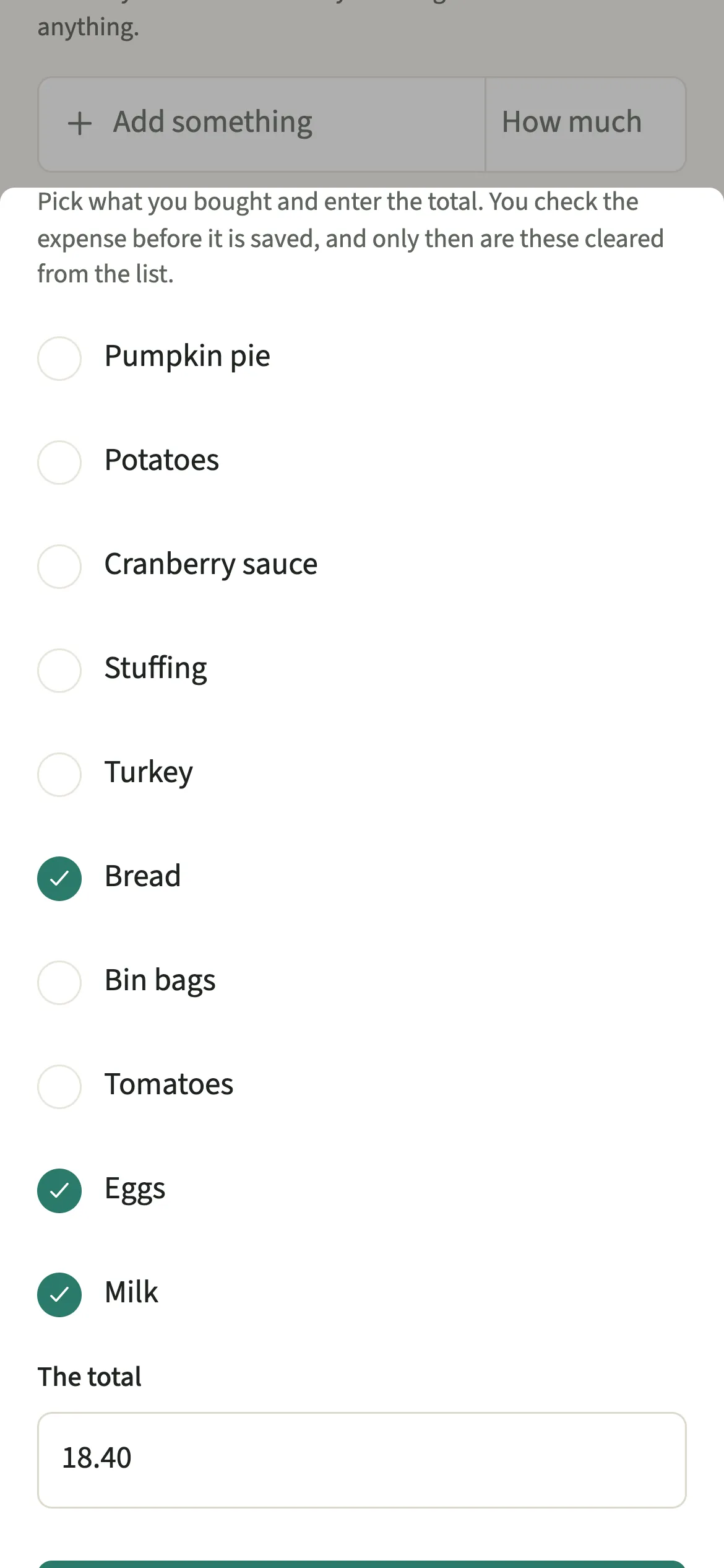The EvenUS Done shopping sheet with three bought items picked, a total entered and the Check the expense button