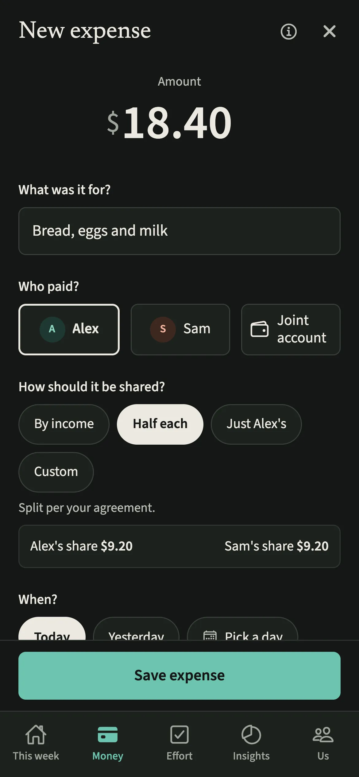 The EvenUS expense form in dark mode, filled in from a shop with the items as its title, Groceries and Alex as payer