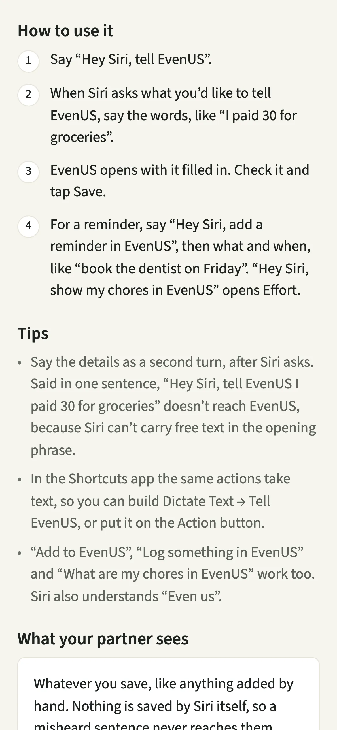 The EvenUS guide for Siri: say Hey Siri, tell EvenUS, then the details when Siri asks
