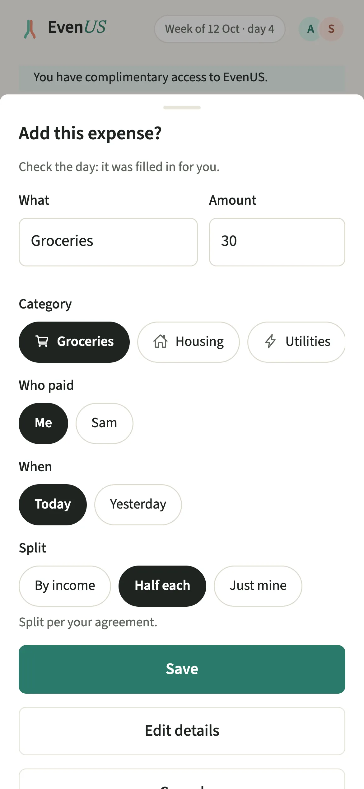 The EvenUS Tell EvenUS sheet with a grocery expense of 30 filled in, paid by me and split half each per the money agreement, ready to check and save