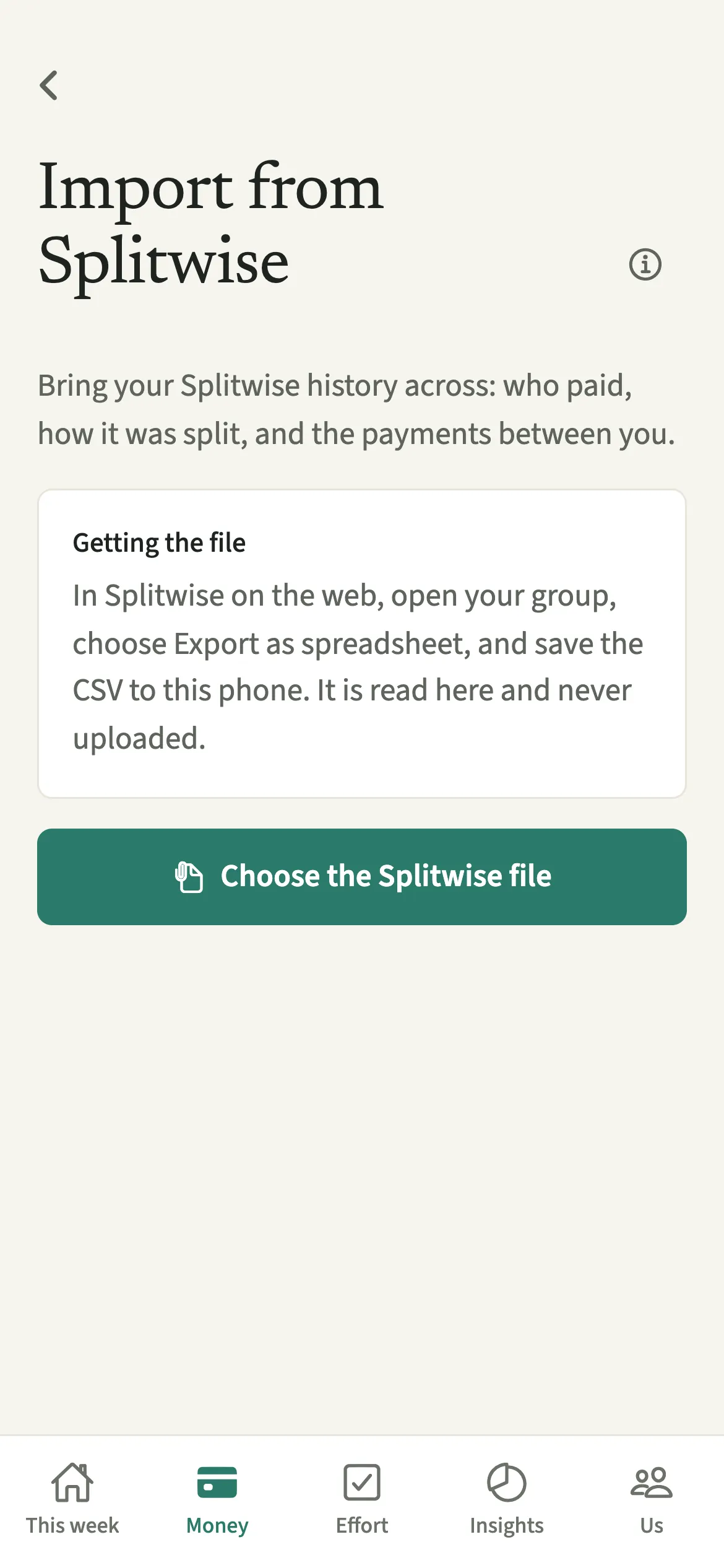 The EvenUS Import from Splitwise screen explaining how to export a group as a spreadsheet, with a Choose the Splitwise file button
