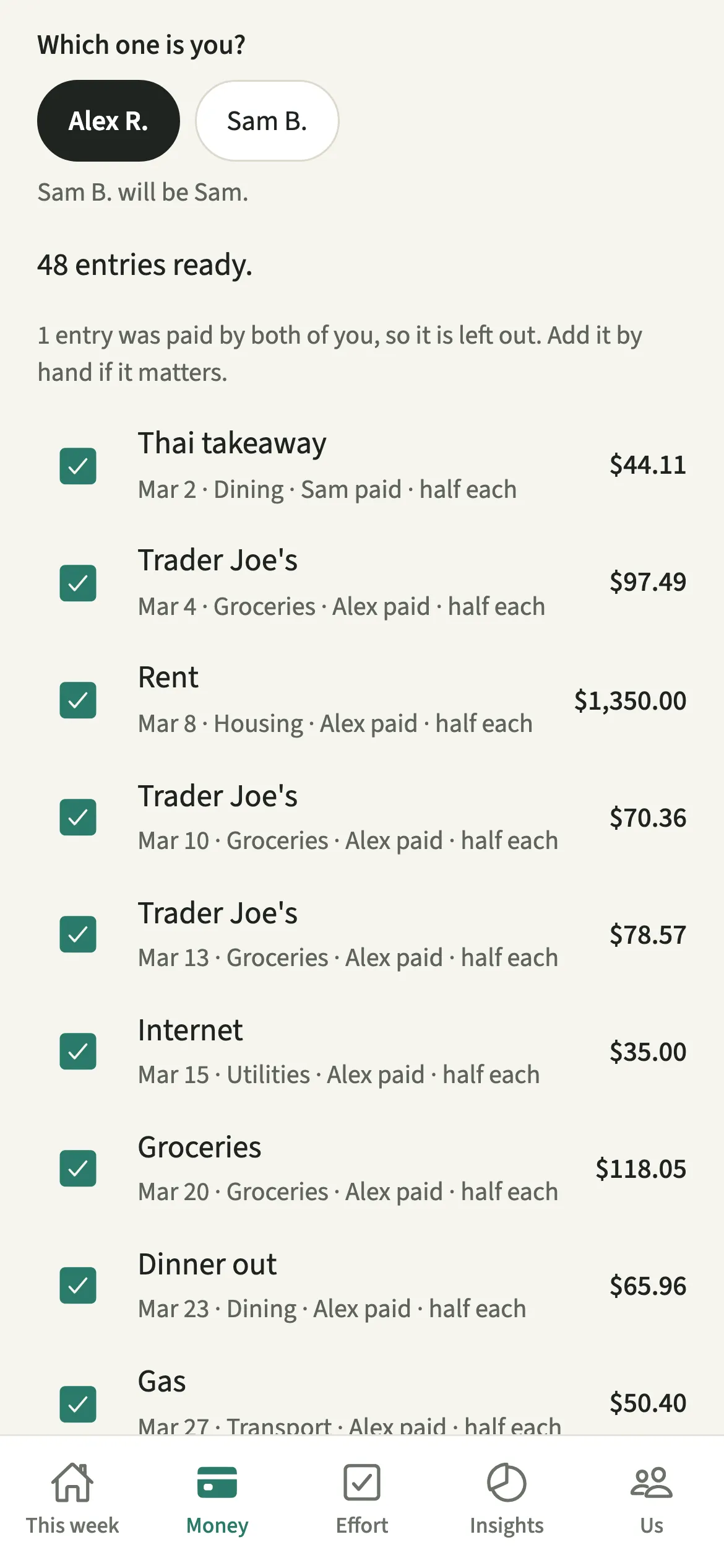 A Splitwise import preview in EvenUS asking which name is you, then listing ticked expenses with the date, category, who paid and the split