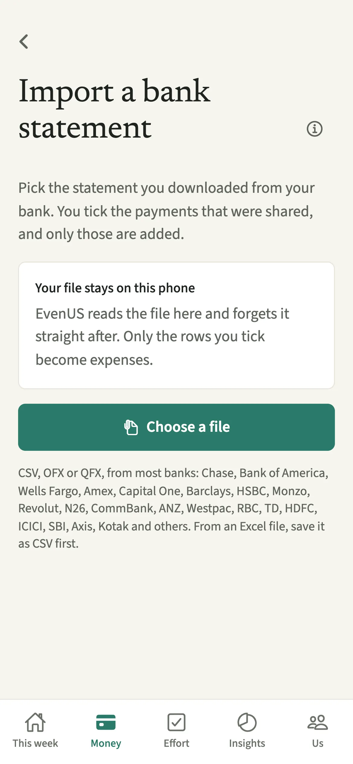The EvenUS Import a bank statement screen with a Choose a file button and a note that the file stays on this phone