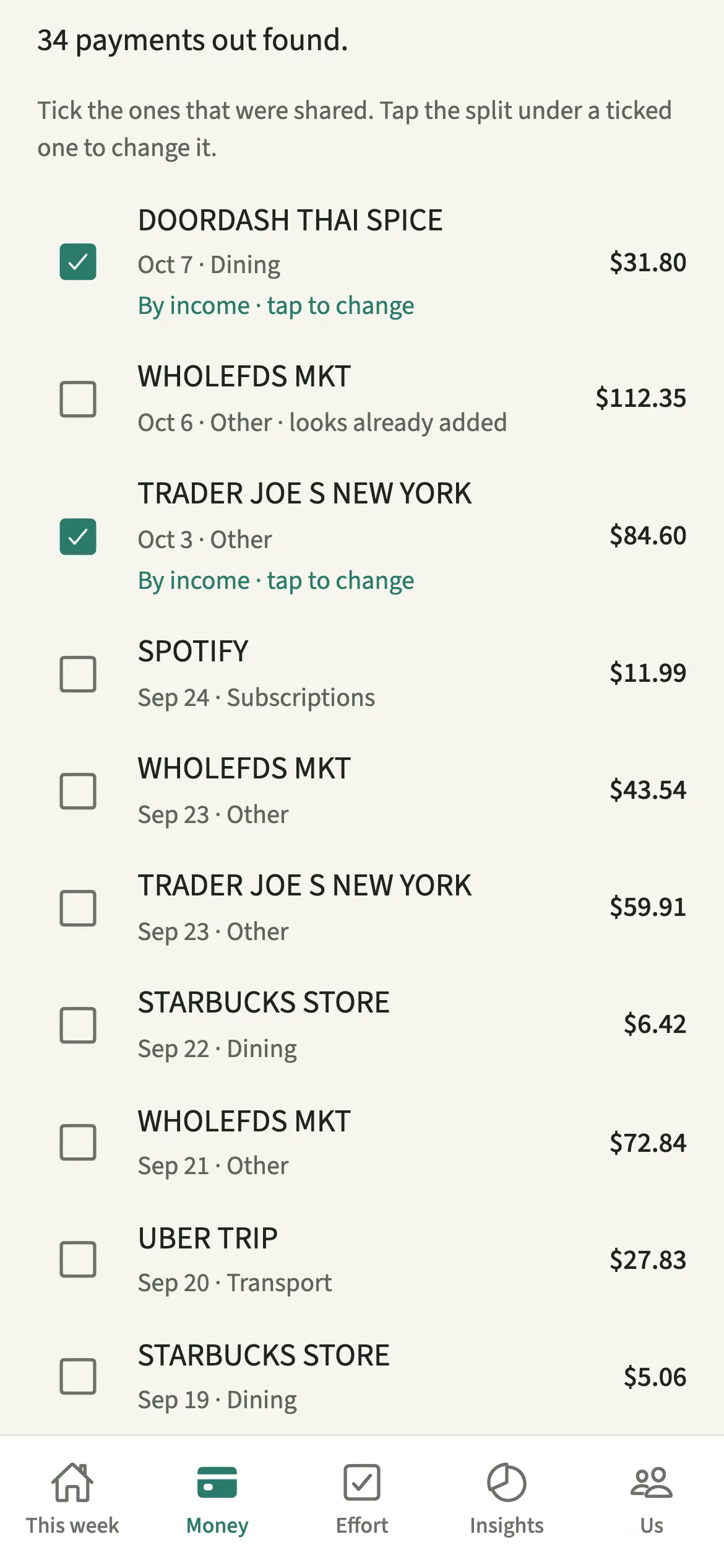 A list of bank statement payments in EvenUS with shared ones ticked, each showing its split, and one marked looks already added