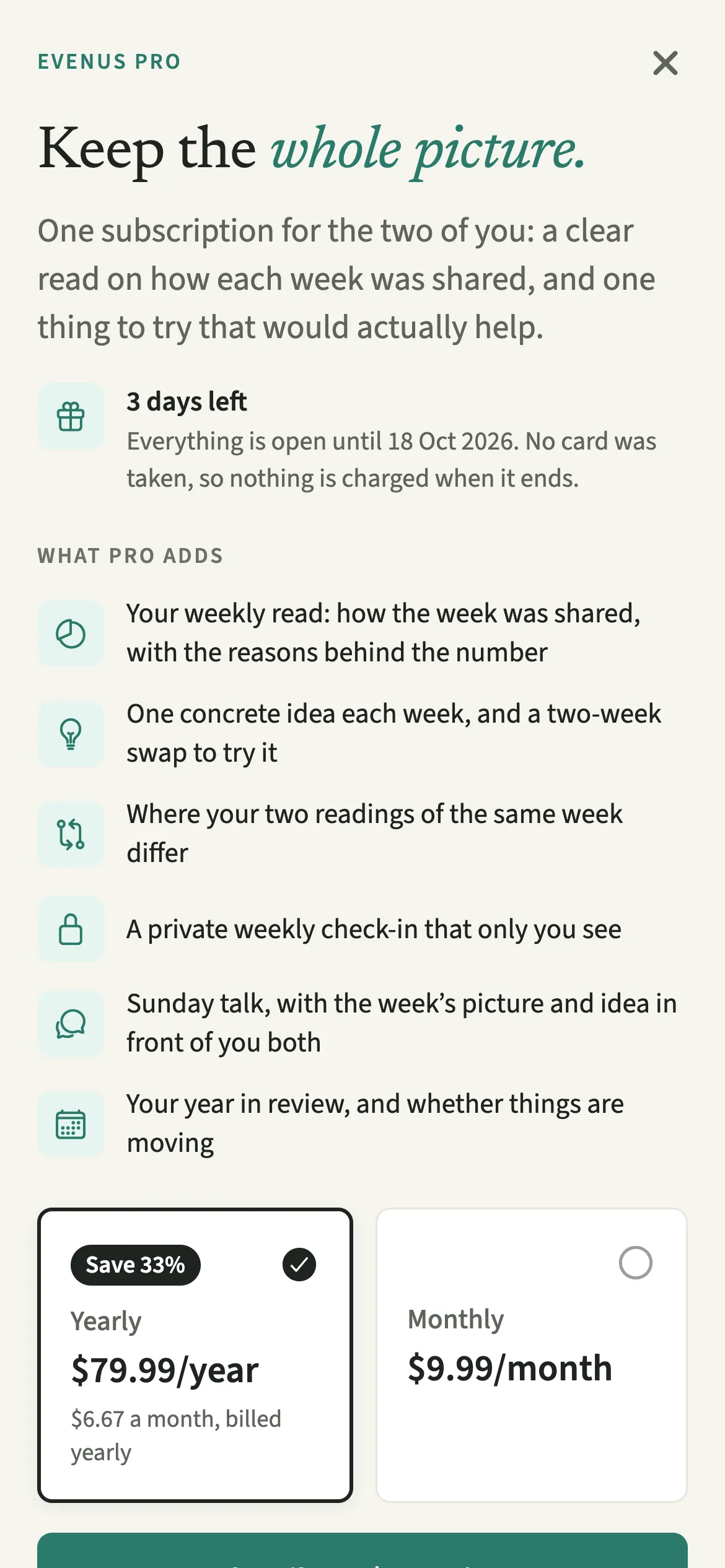 The EvenUS plans screen with the yearly plan selected and a Save percentage, the monthly plan, and lines saying the free days end and billing starts when you subscribe