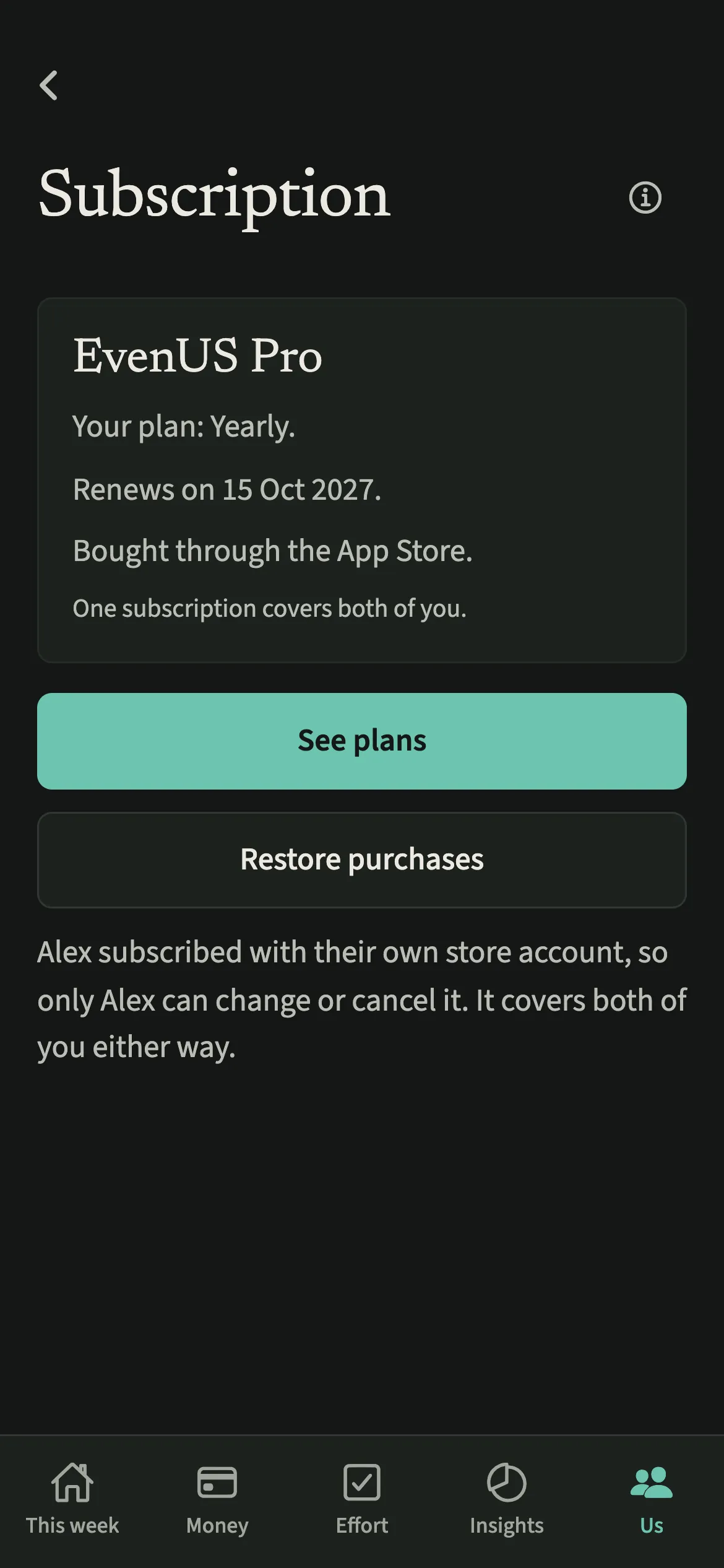 The EvenUS Subscription screen in dark mode showing EvenUS Pro with a renewal date and a note that Alex manages the subscription