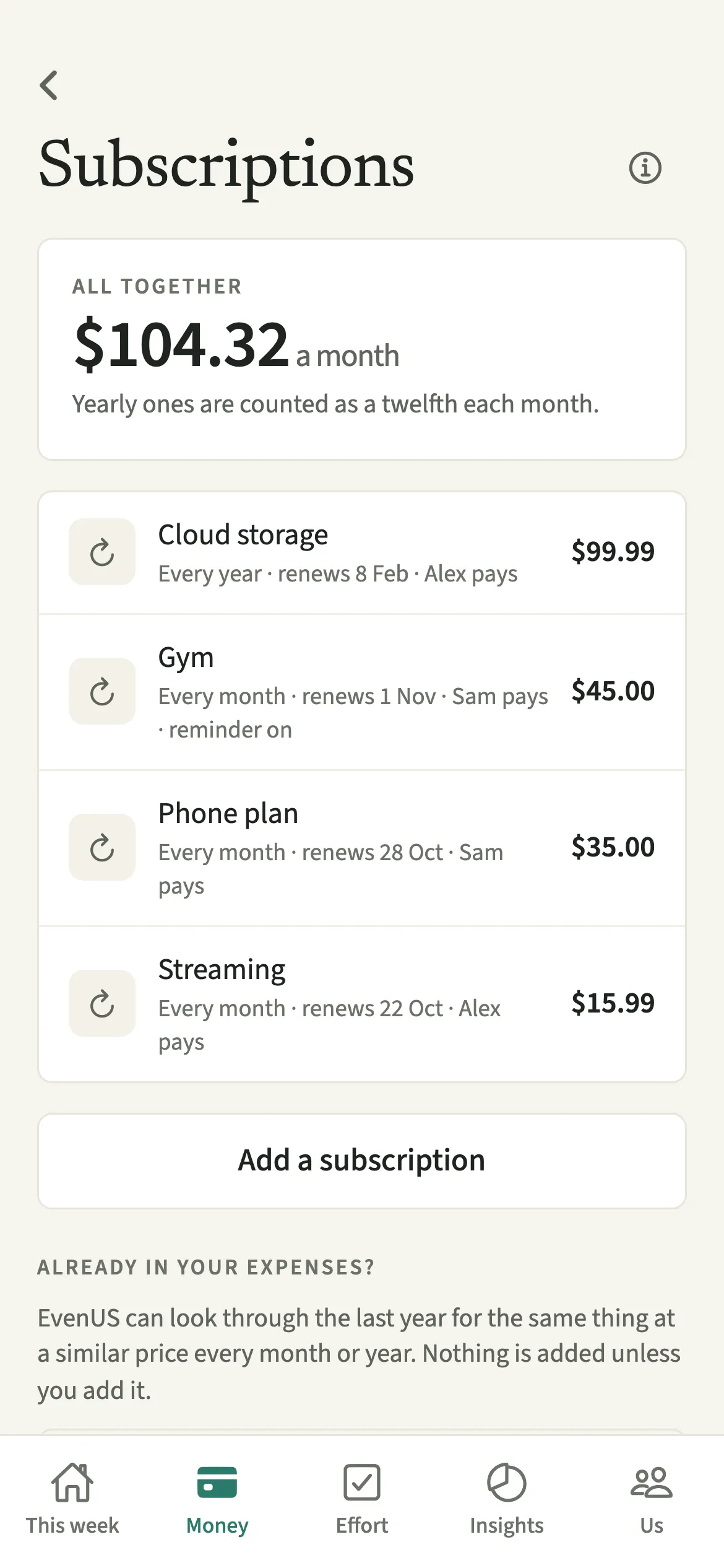 The EvenUS Subscriptions screen listing four renewing payments with who pays each one and an All together monthly total at the top
