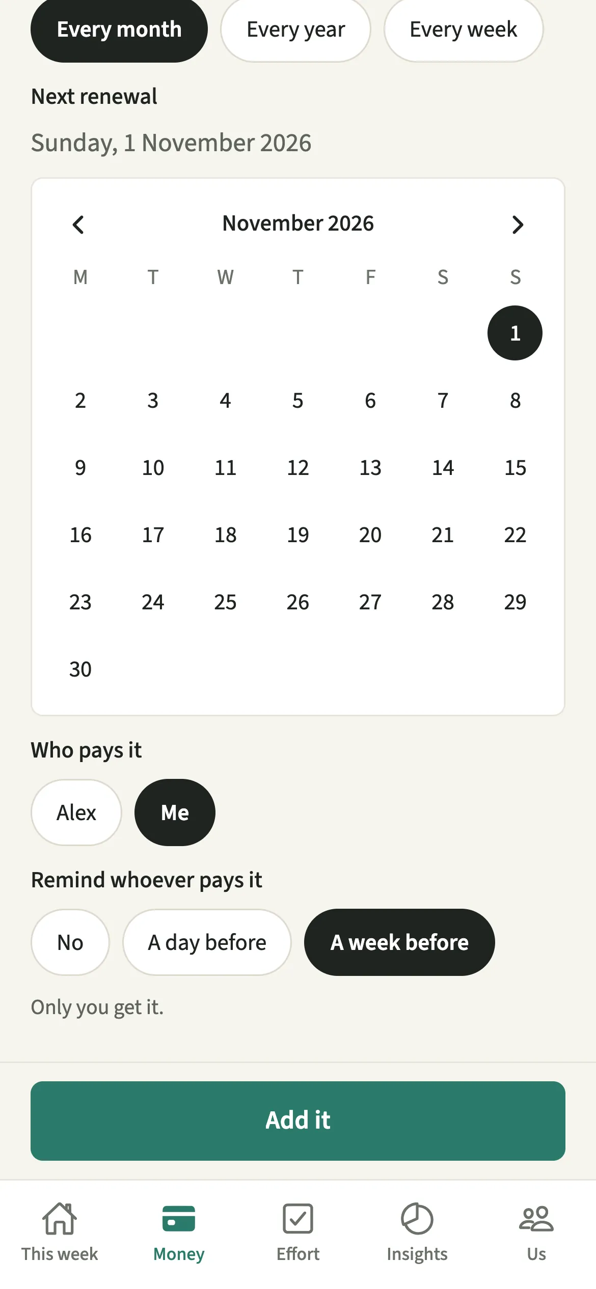 The Add a subscription form in EvenUS renewing every month, with Sam as the one who pays and a reminder a week before renewal that only Sam gets