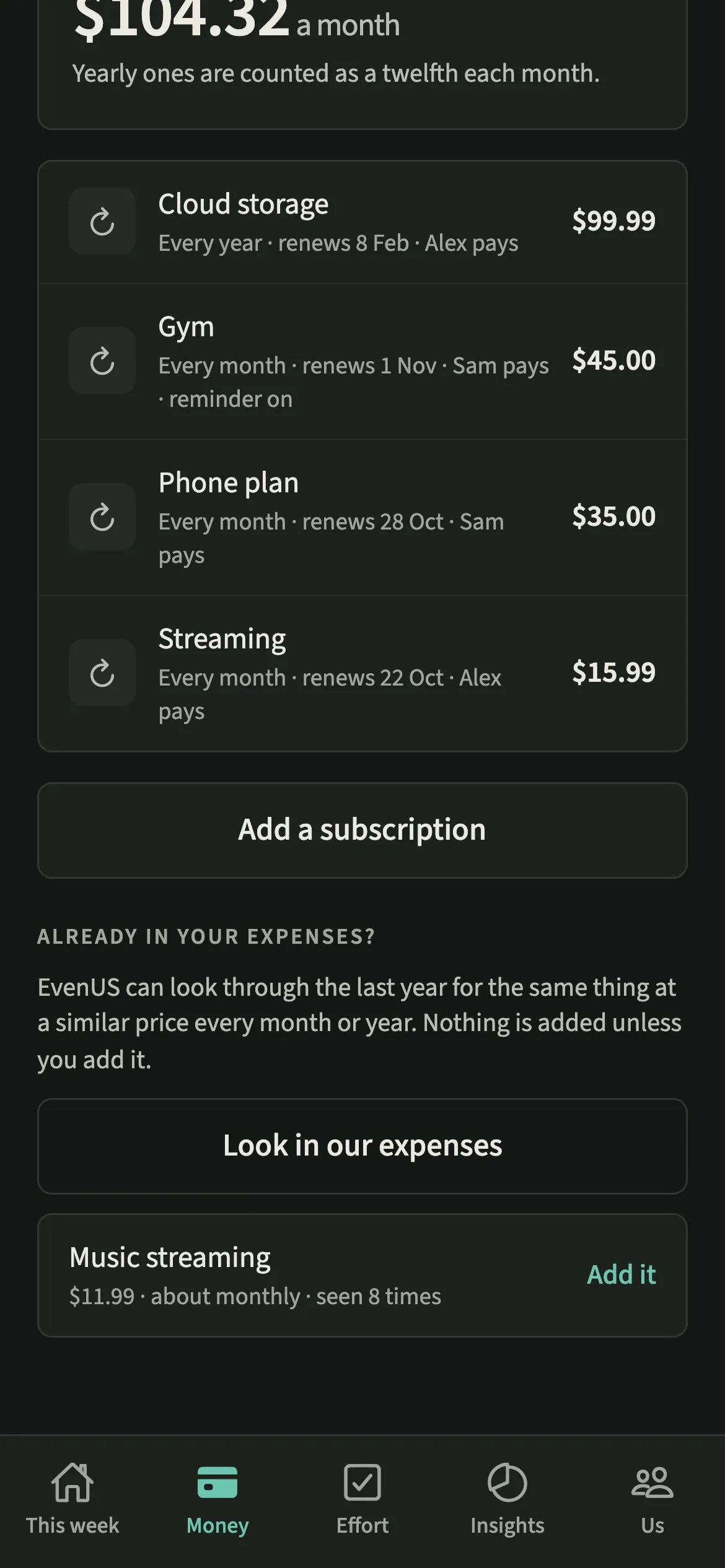 EvenUS in dark mode showing a likely subscription found in past shared expenses, with how often it was seen and an Add it button