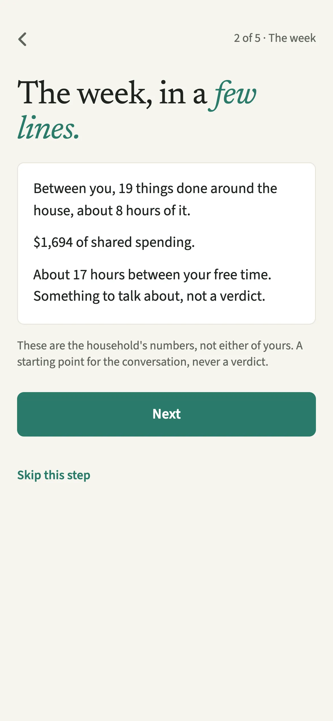 The week step of Sunday talk in EvenUS, listing household totals for chores, shared spending and free time in plain sentences