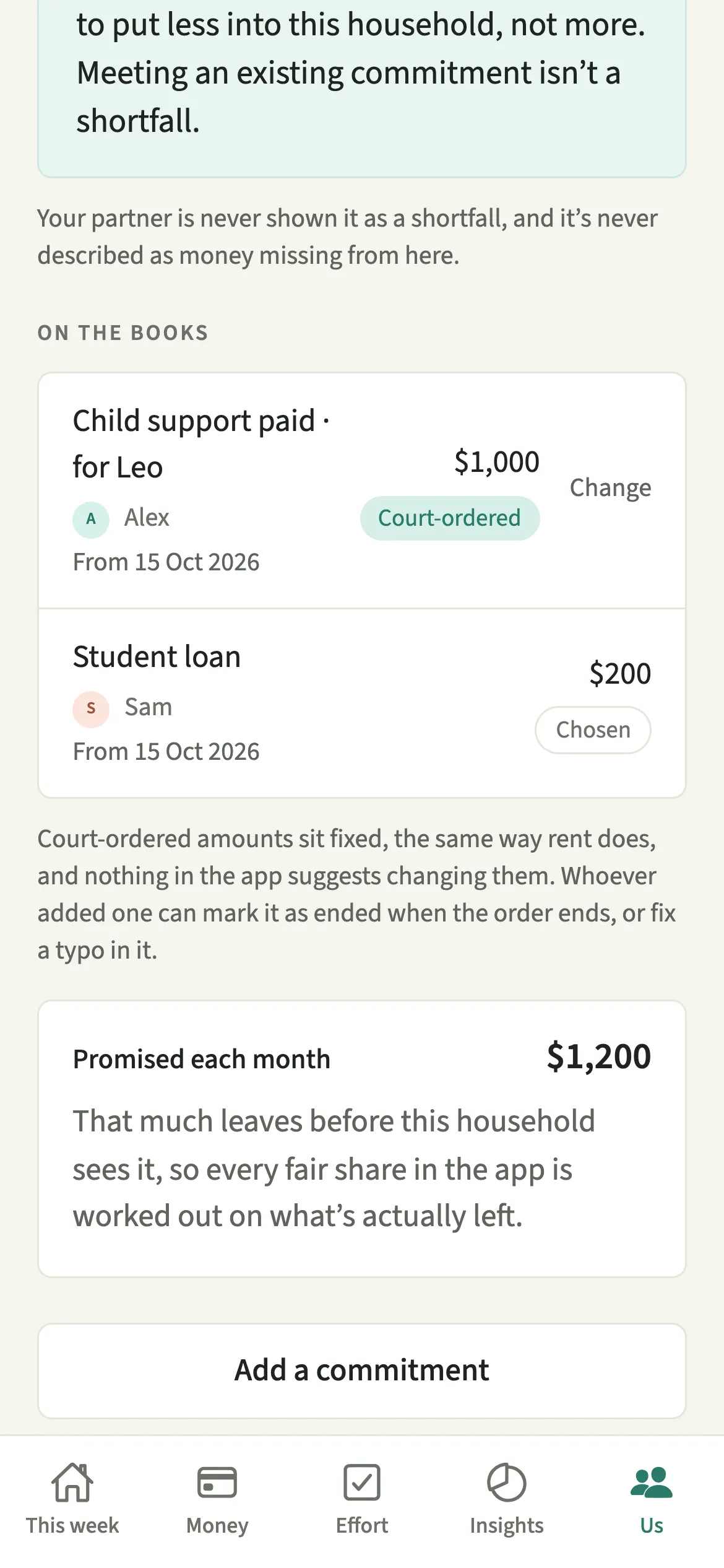 The EvenUS Money that’s already promised screen listing a court-ordered child support payment and a student loan with monthly amounts