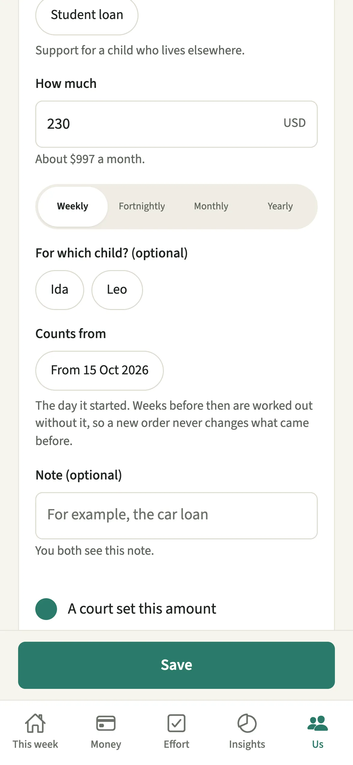 The EvenUS add a commitment form with weekly child support entered, its monthly equivalent shown and the court-set box ticked