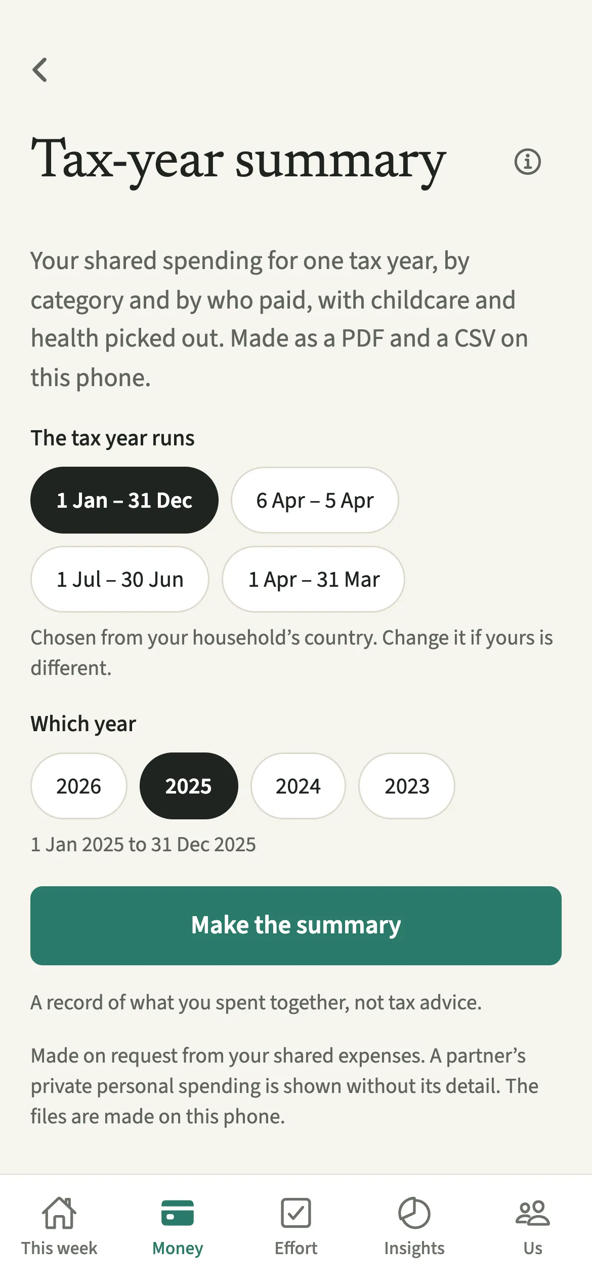 The top of the EvenUS Tax-year summary screen showing the tax year dates chosen from the household’s country and the year picker