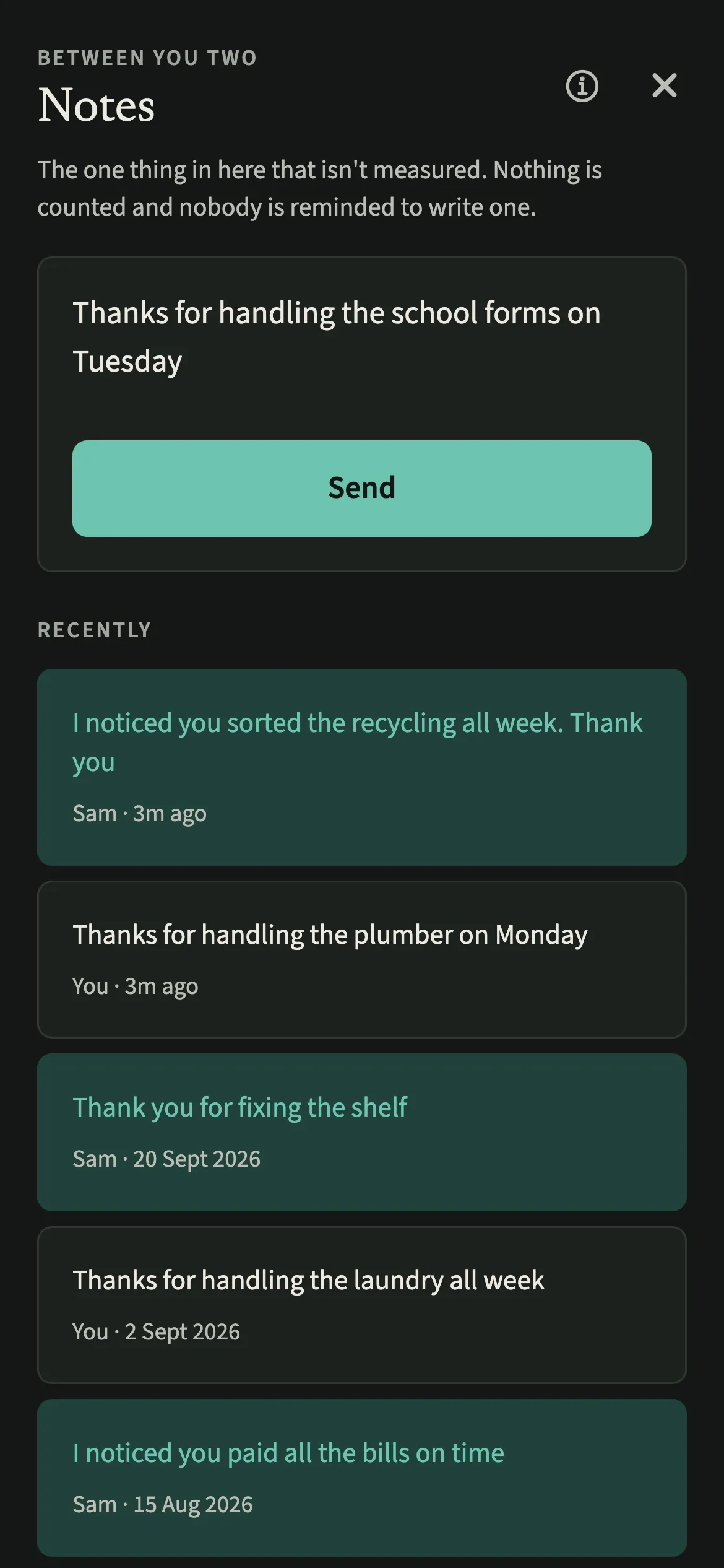 A note in progress to Sam in EvenUS dark mode, thanking them for the school forms, with the Send button and earlier notes from both of them