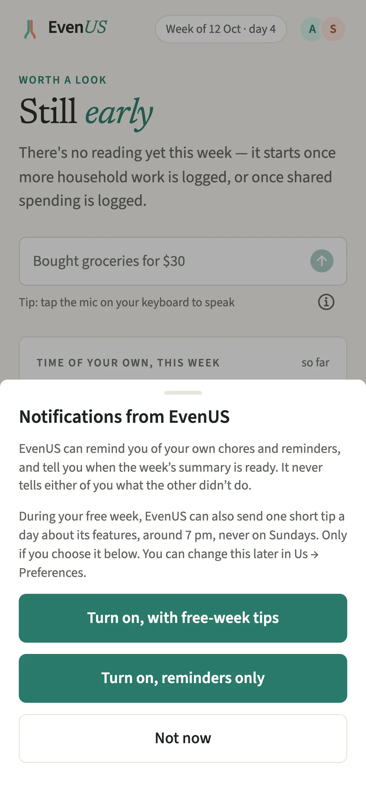 The EvenUS notification sheet explaining optional free-week tips, with buttons to turn on tips or reminders only