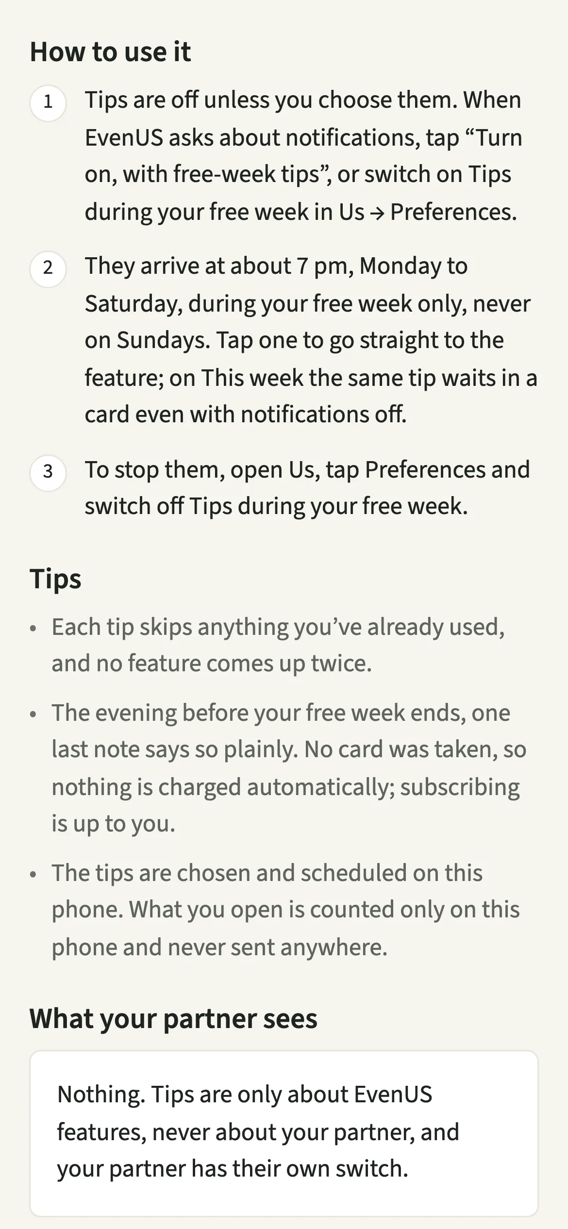 The EvenUS guide for free-week tips: off unless you choose them, about 7 pm Monday to Saturday, never on Sundays