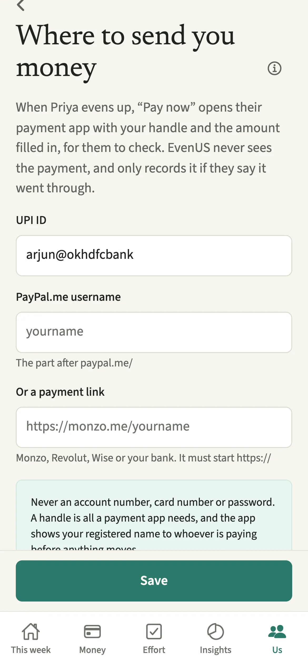 The EvenUS Where to send you money screen in a rupee household with a UPI ID saved in the name@bank format