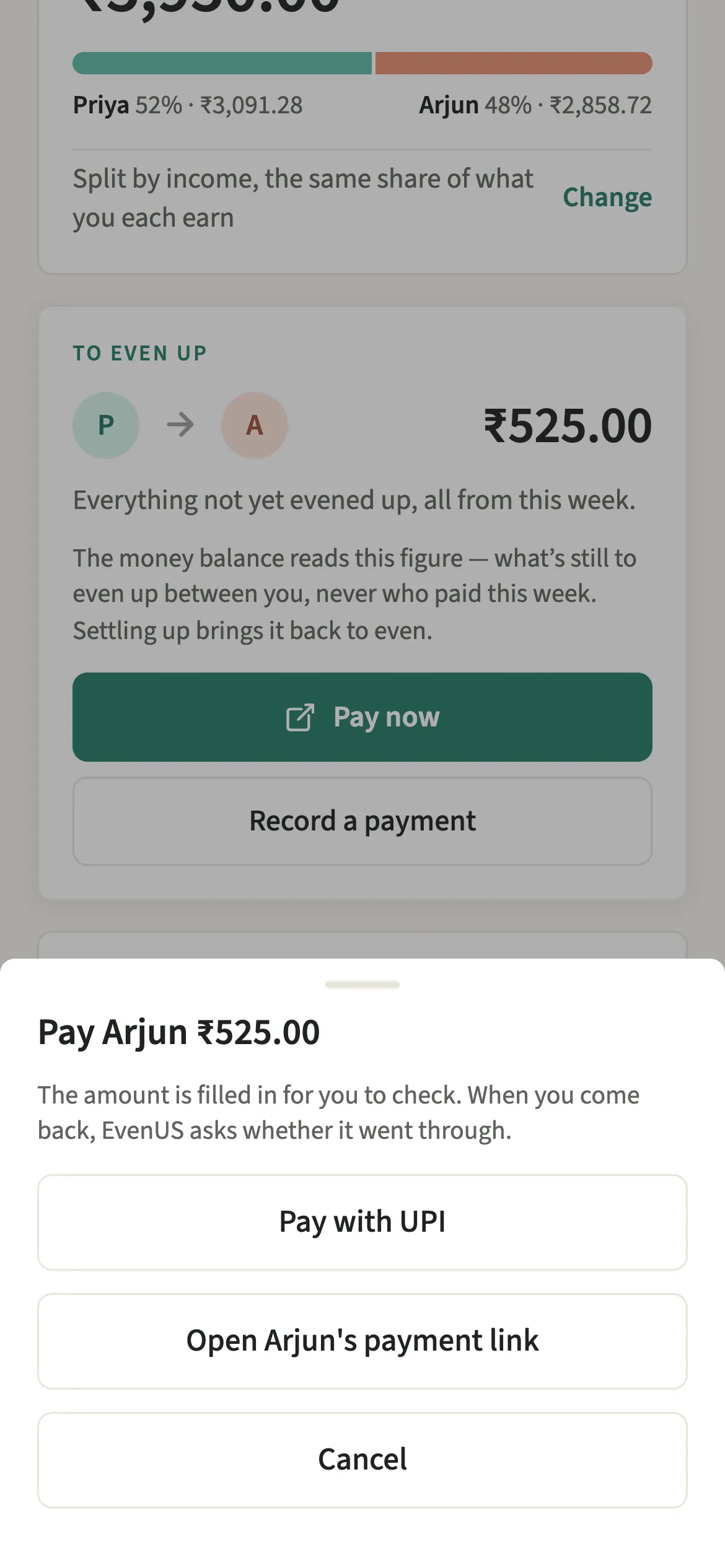 The Pay now choices in EvenUS for a rupee amount from Priya to Arjun, with Pay with UPI and Arjun’s payment link