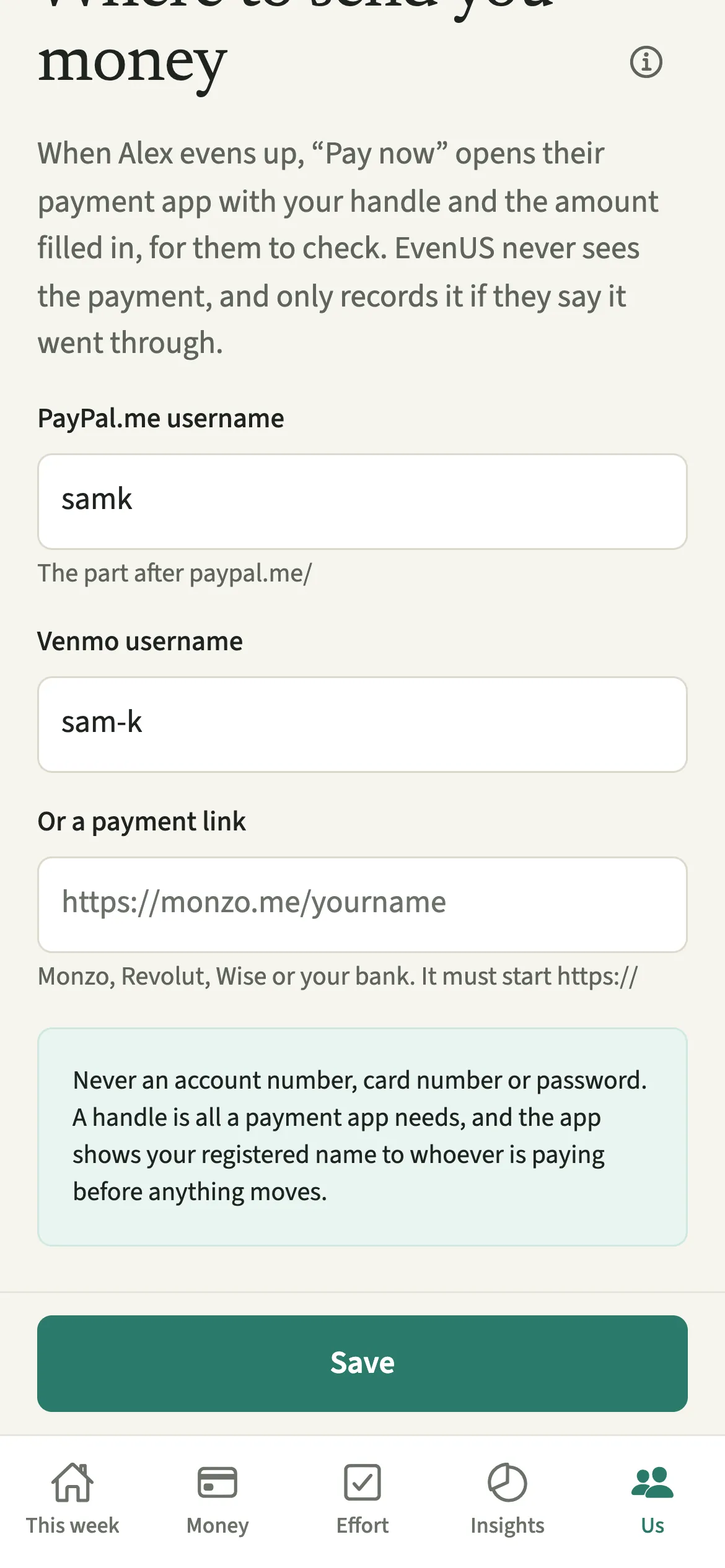 The EvenUS Where to send you money screen in a US dollar household with a Venmo username saved