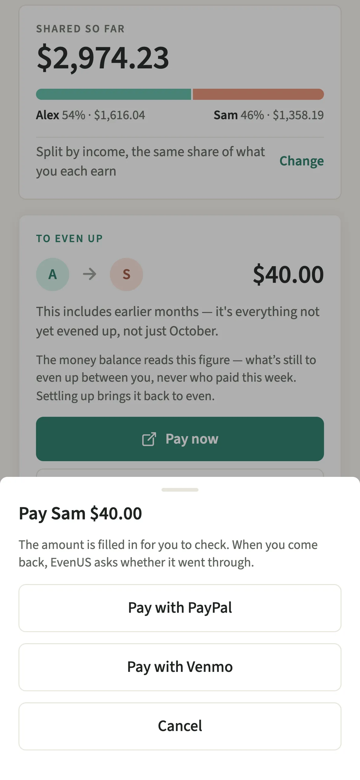 The To even up card in EvenUS showing a dollar amount from Alex to Sam, with the Pay with Venmo option open