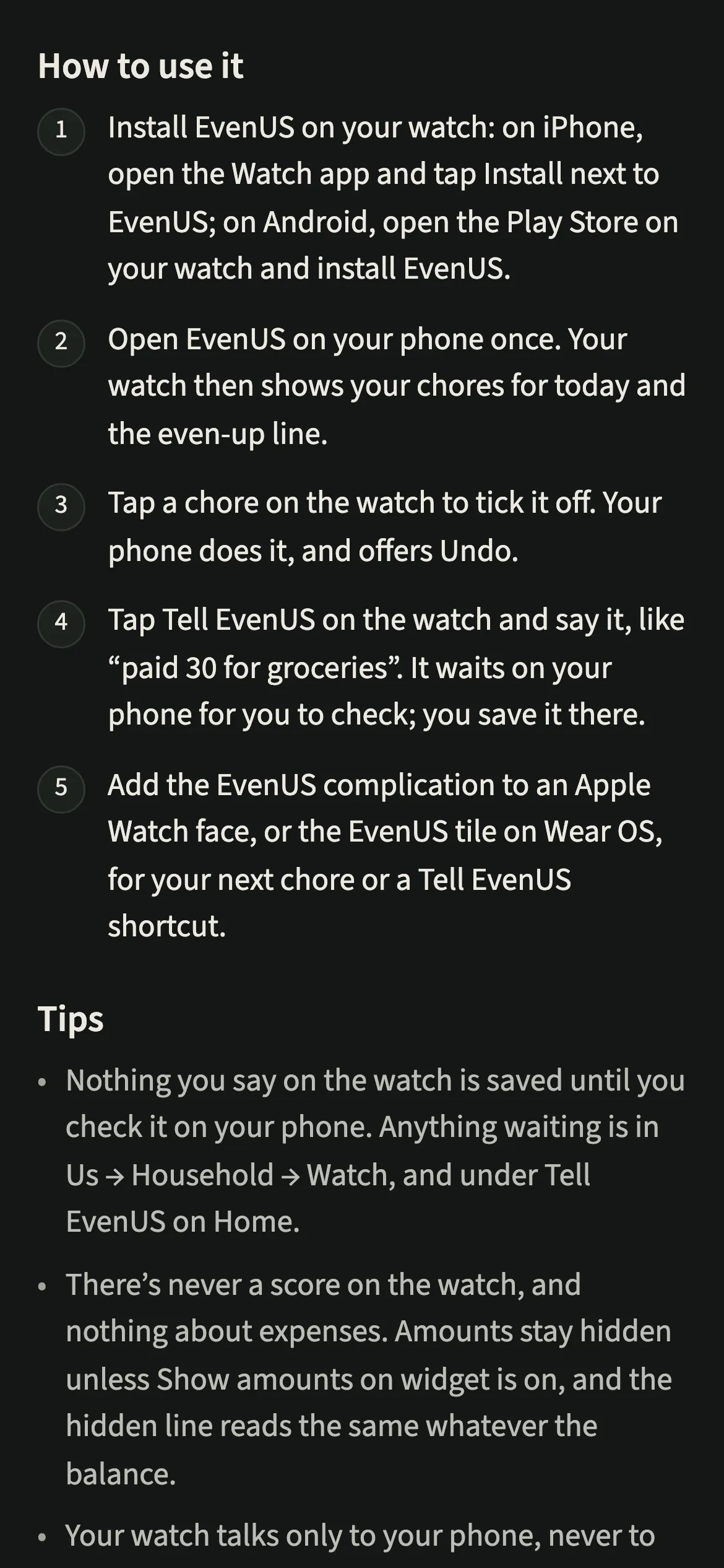The EvenUS watch steps and tips: tick a chore off, say something to Tell EvenUS, and no score or expenses on the watch