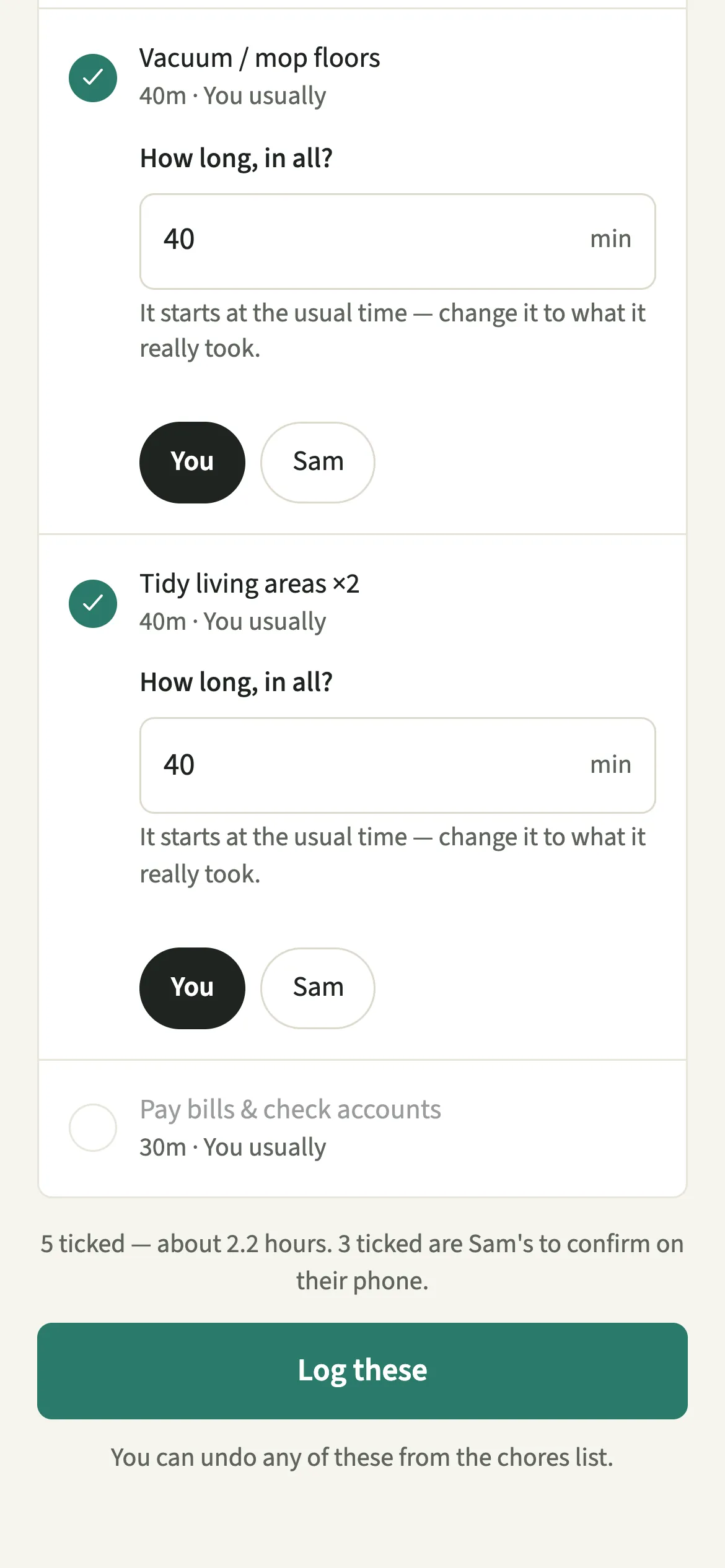 The EvenUS catch-up screen listing the week’s recurring chores pre-ticked by usual owner, with minutes to confirm and a Log these button