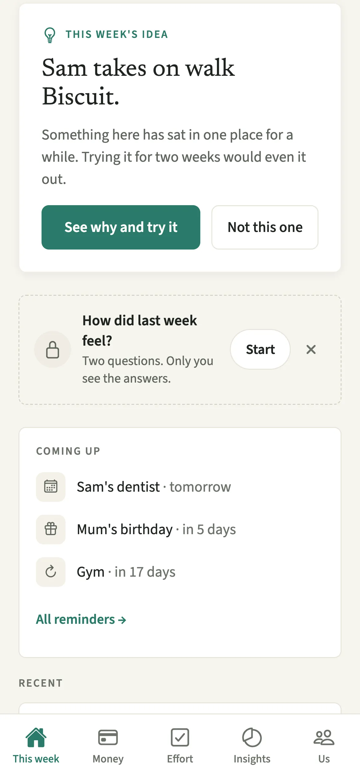 The This week's idea card on the EvenUS This week tab, with buttons to see why and try it or set it aside