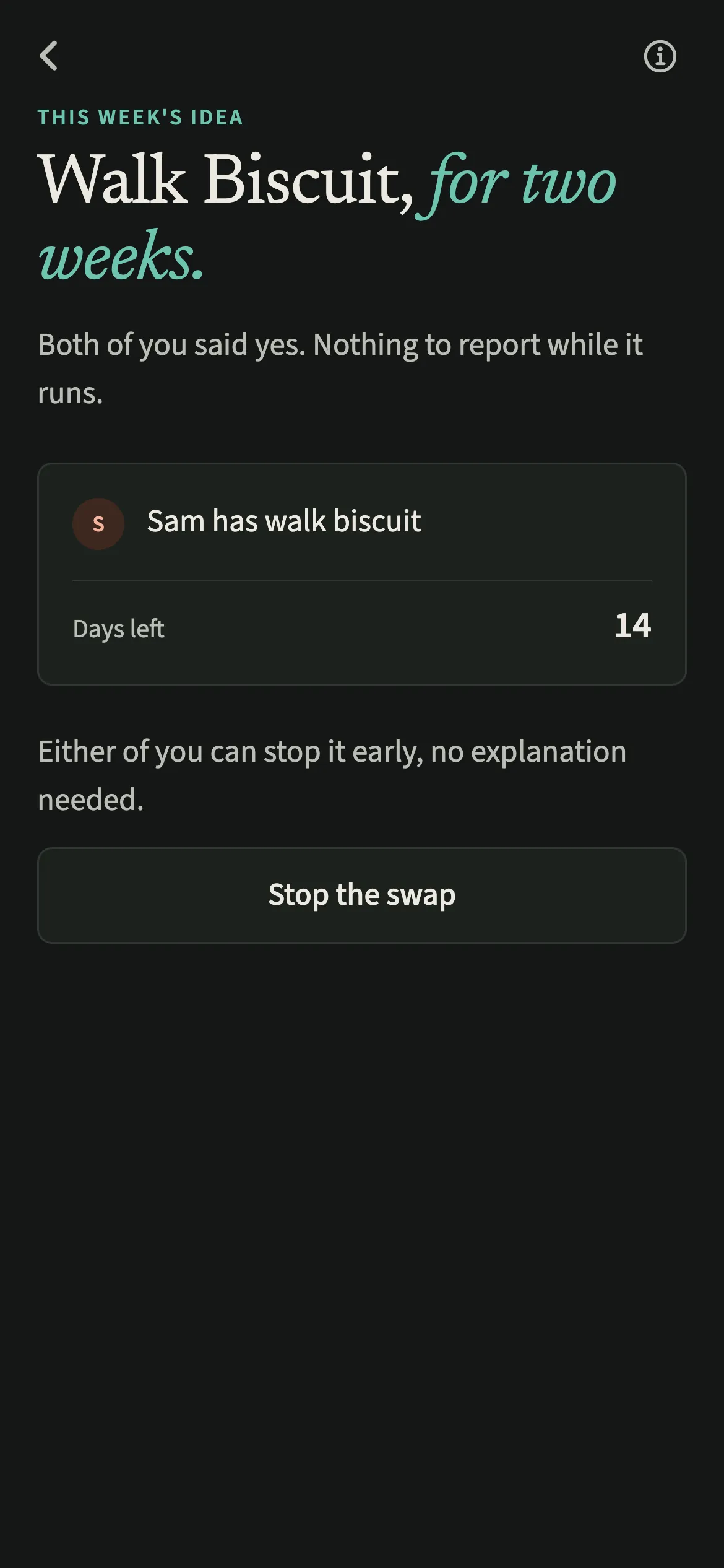 A running two-week swap in EvenUS dark mode, showing the days left and a button to stop the swap early